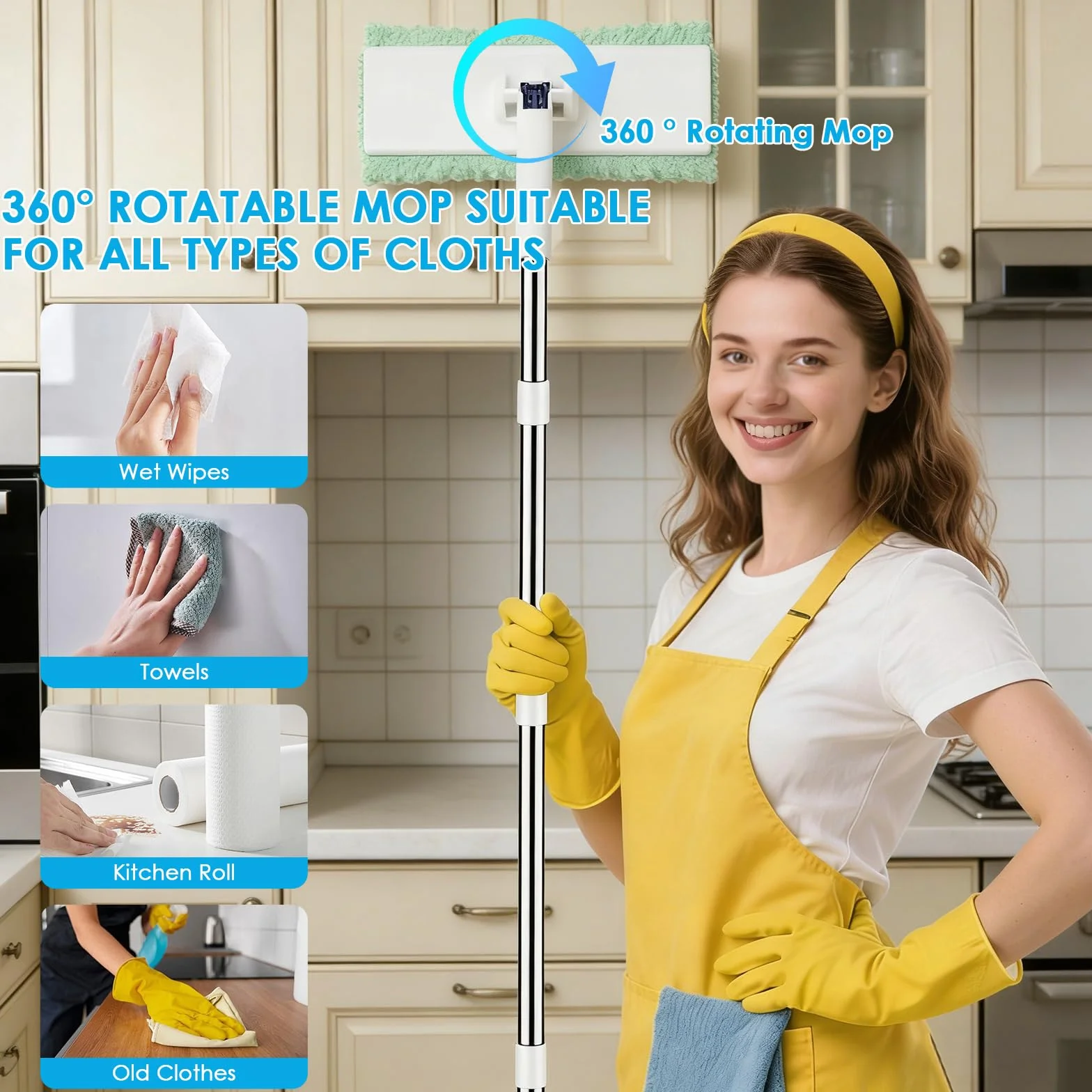 Dfydghb mop z systemem zaciskowym i zaciskiem, mini mop z automatyczną wymianą ściereczek, bez mycia rąk, 1 przycisk wymiany, 10 ścierek z mikrofibry wielokrotnego użytku do podłóg, płytek, łazienki