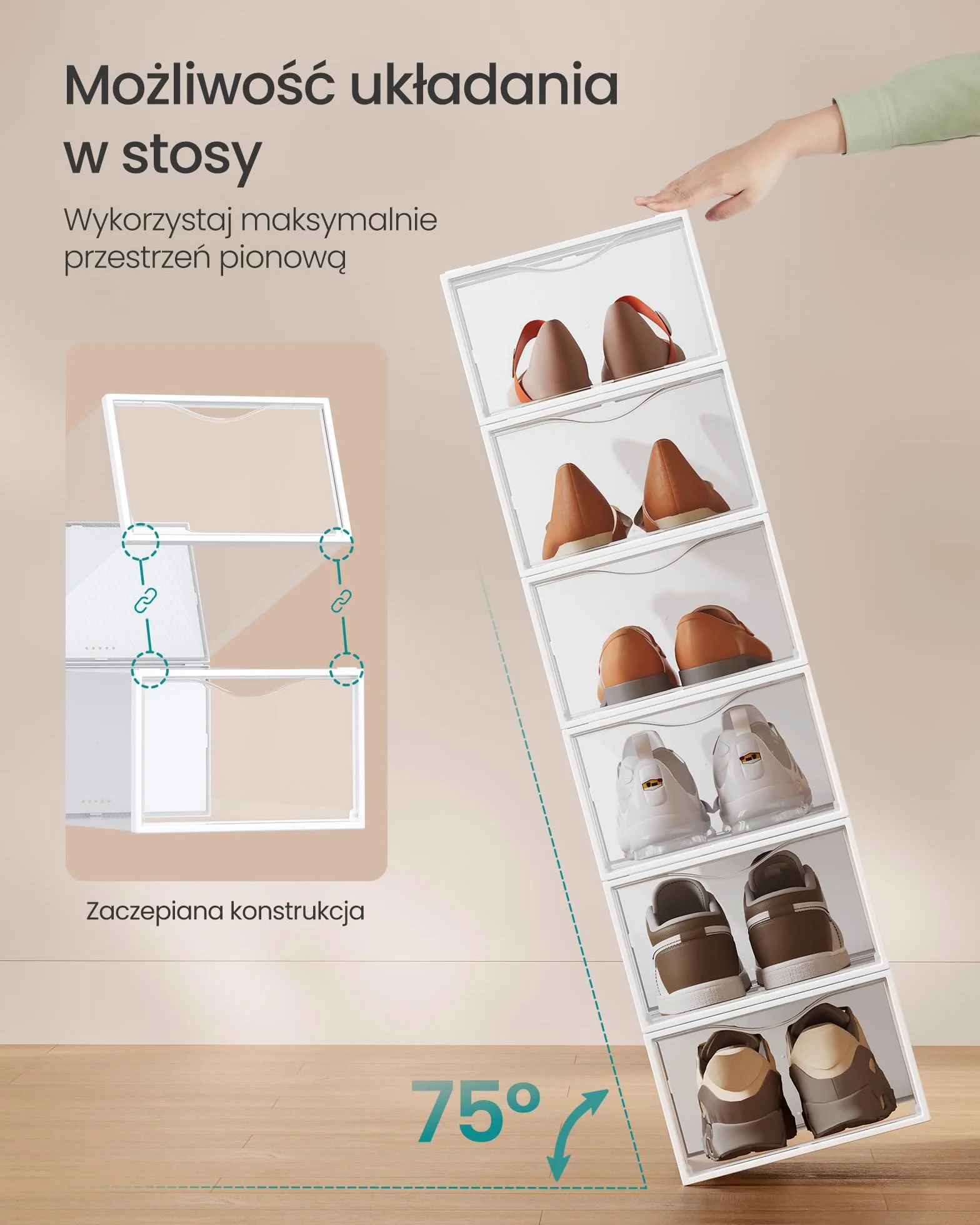 SONGMICS Pudełka na buty plastikowy organizer z drzwiczkami przezroczysty biały zestaw 18 sztuk 33,2 x 23 x 14,5 cm