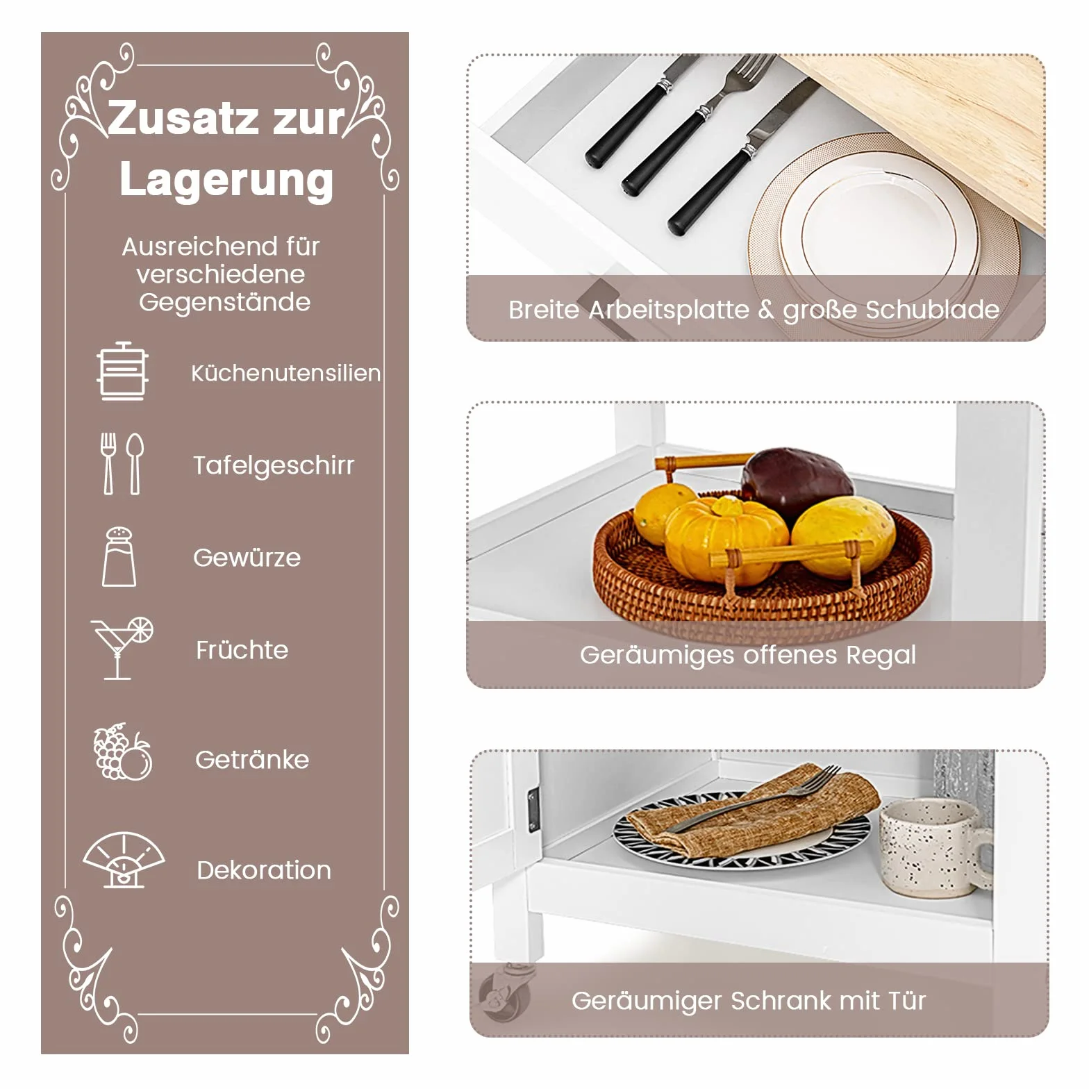 GOPLUS Wózek kuchenny na kółkach z szafką, szufladą i półkami, blat z drewna gumowego