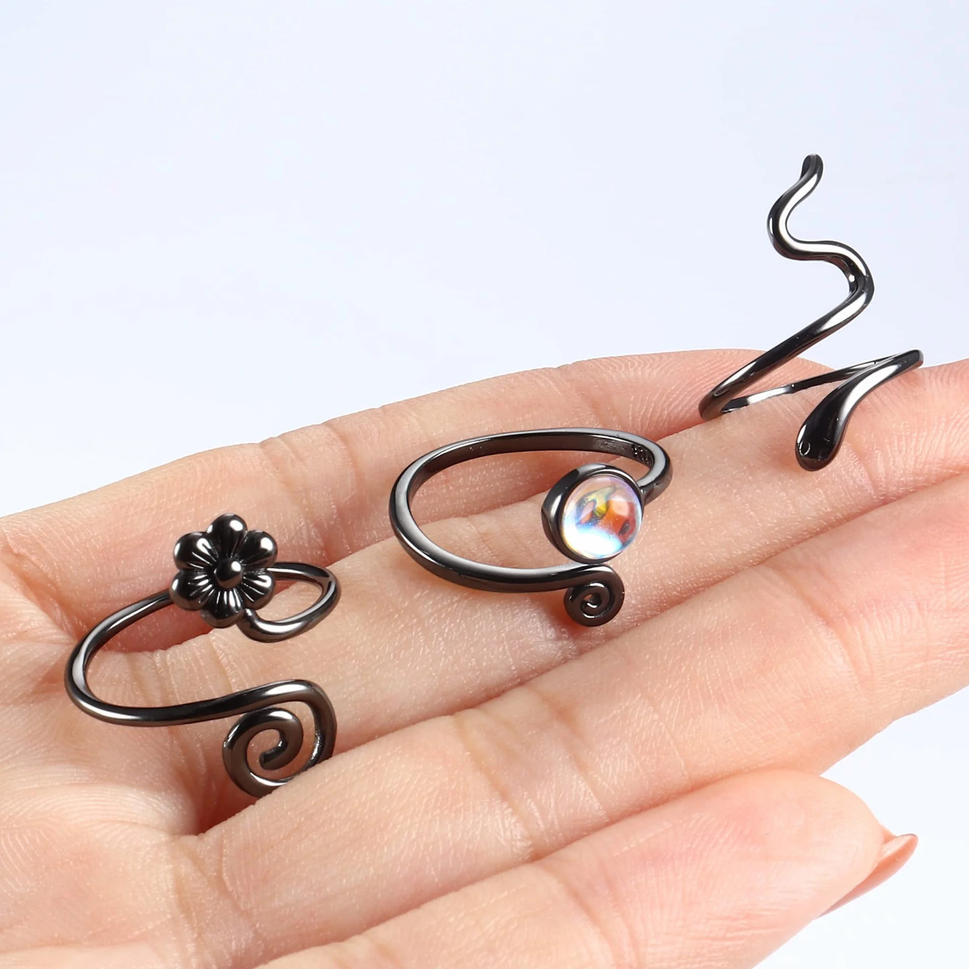 Sllaiss 3PCS 925 Sterling Silver Czarny Pierścień do palca dla kobiet Mężczyzn Otwarty Regulowany Pierścień Czarny Twist Flower Cool Toe Ring Zestaw palca Pierścień Foot Biżuteria