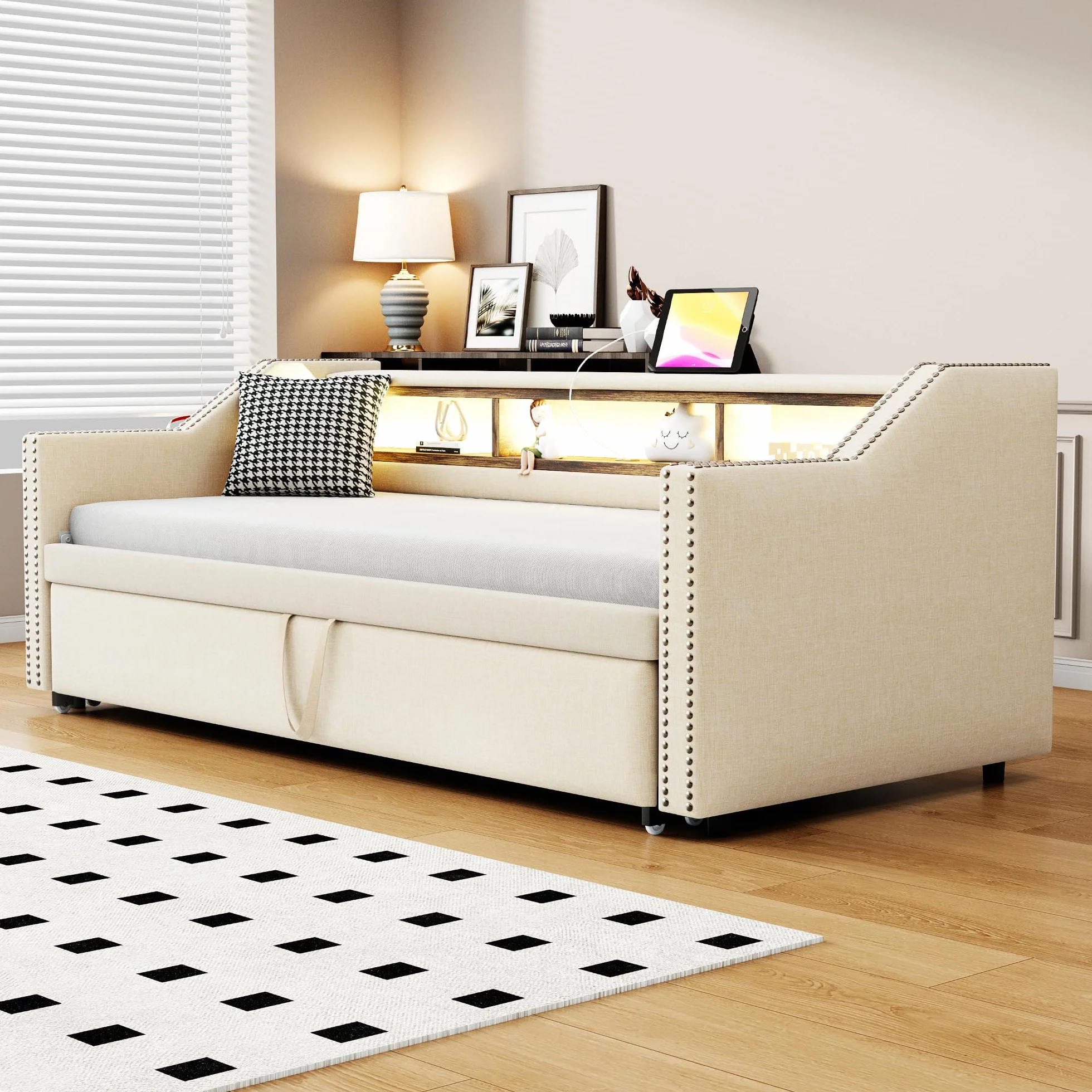 Łóżko dzienne 90/180 x 190 cm z łóżkiem dla gości, rozkładane na tę samą wysokość, sofa z funkcją spania dla 2 osób, len (beżowe)