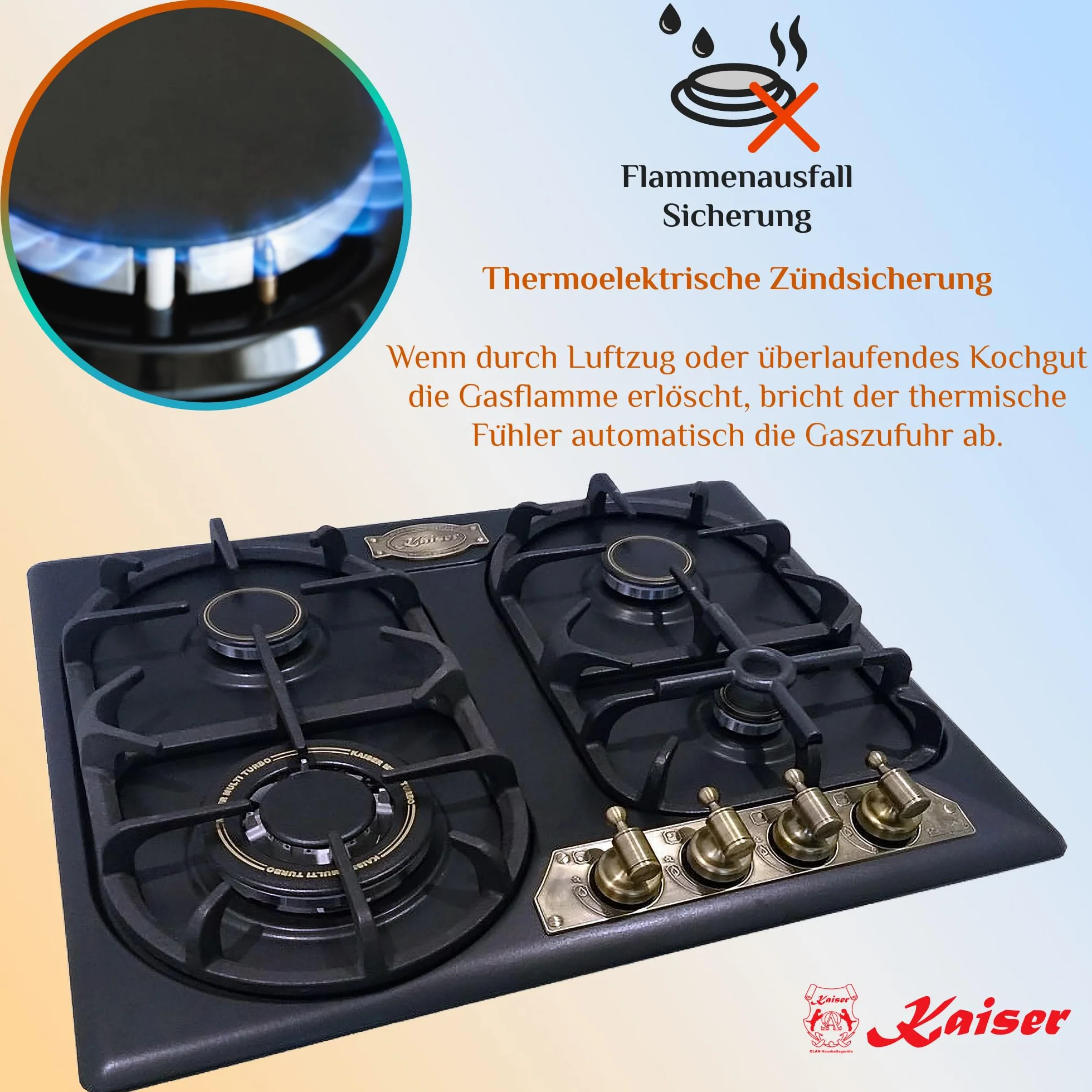 Kaiser Empire KG 6325 Em Kuchenka gazowa do zabudowy 60 cm Autark Czarny, z 4 wysokiej jakości palnikami w tym wydajny palnik WOK (3,8 kW) | gaz ziemny i propan