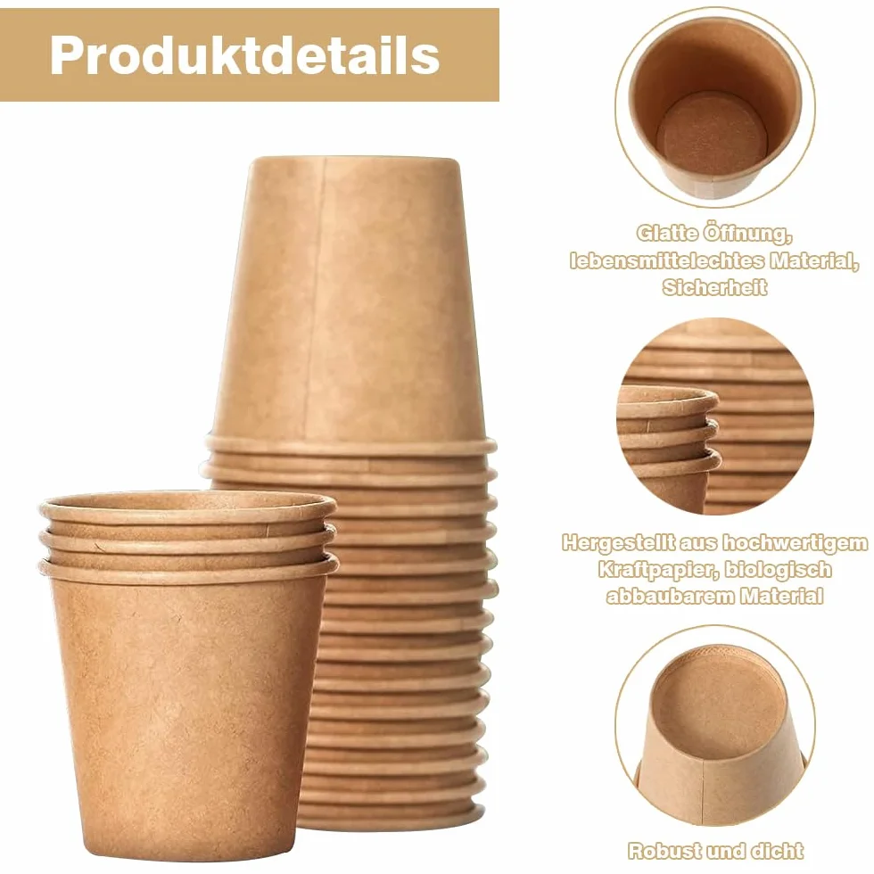 Kubki do kawy, 100 sztuk jednorazowych kubków do kawy, przyjazne dla środowiska, papierowe kubki 100 ml, biodegradowalne, jednorazowe, brązowe, niewybielane, do kawy na wynos, papierowe kubki