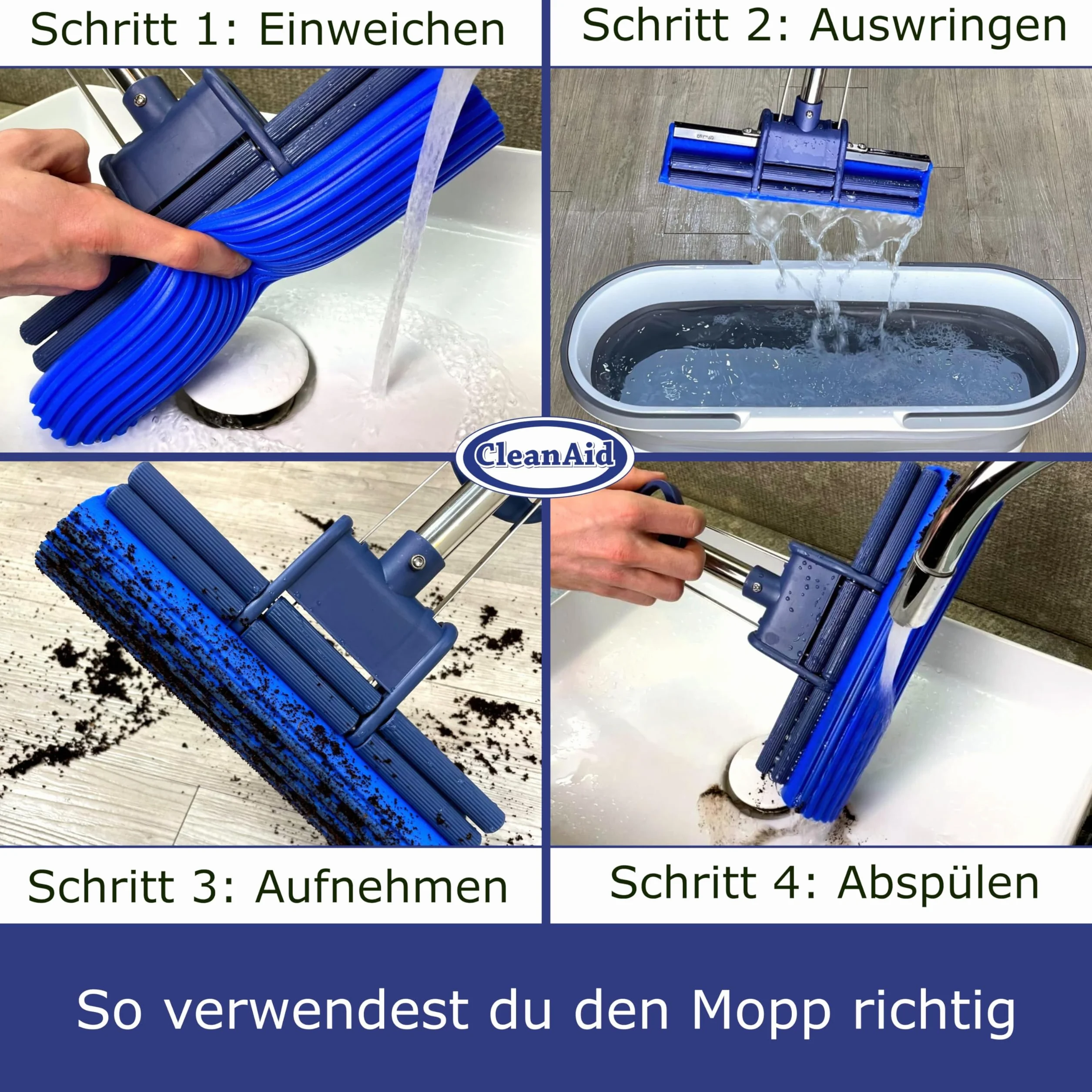 OneTouch GO! Mop ze stali nierdzewnej – trzonek segmentowy, 2 x gąbka PVA, funkcja One-Touch, wyciśnięcie bez smug, do laminatu, parkietu i płytek – higieniczna wycieraczka do podłogi bez