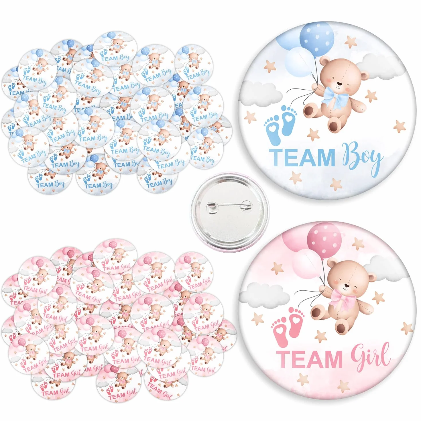 Przyciski ujawniające płeć na baby shower, przypinki drużynowe do ujawnienia płci, przypinki do gier dla gości, przypinki na imprezę dla dzieci, przypinki do gier imprezowych, 30 szt. 30 szt. 3,5 cala