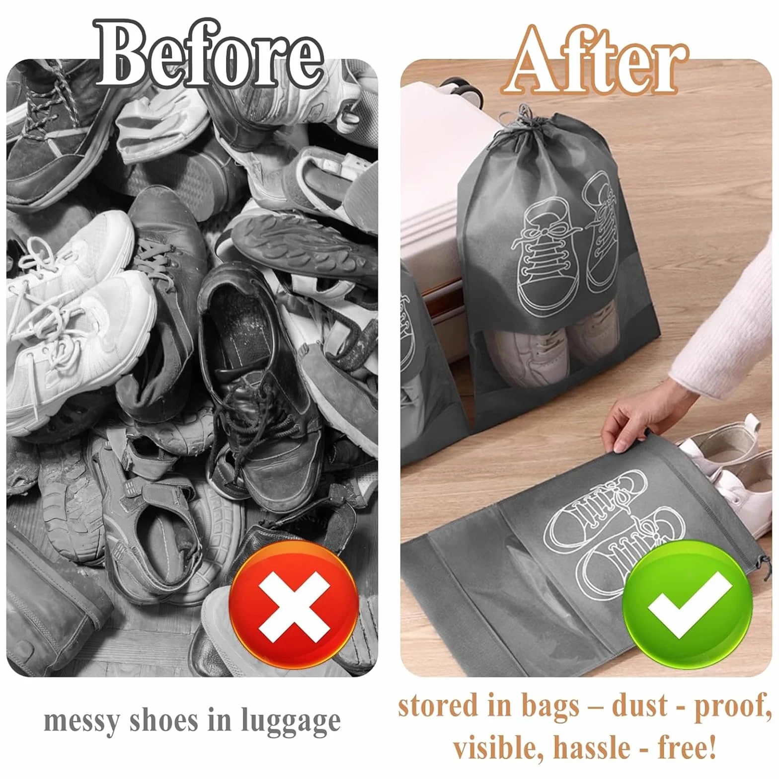 10 sztuk worków na buty, podróżne, duże torby na buty z przezroczystym okienkiem, nietkane, pyłoszczelne, ze sznurkiem ściągającym, do użytku w podróży i do codziennego użytku, akcesoria