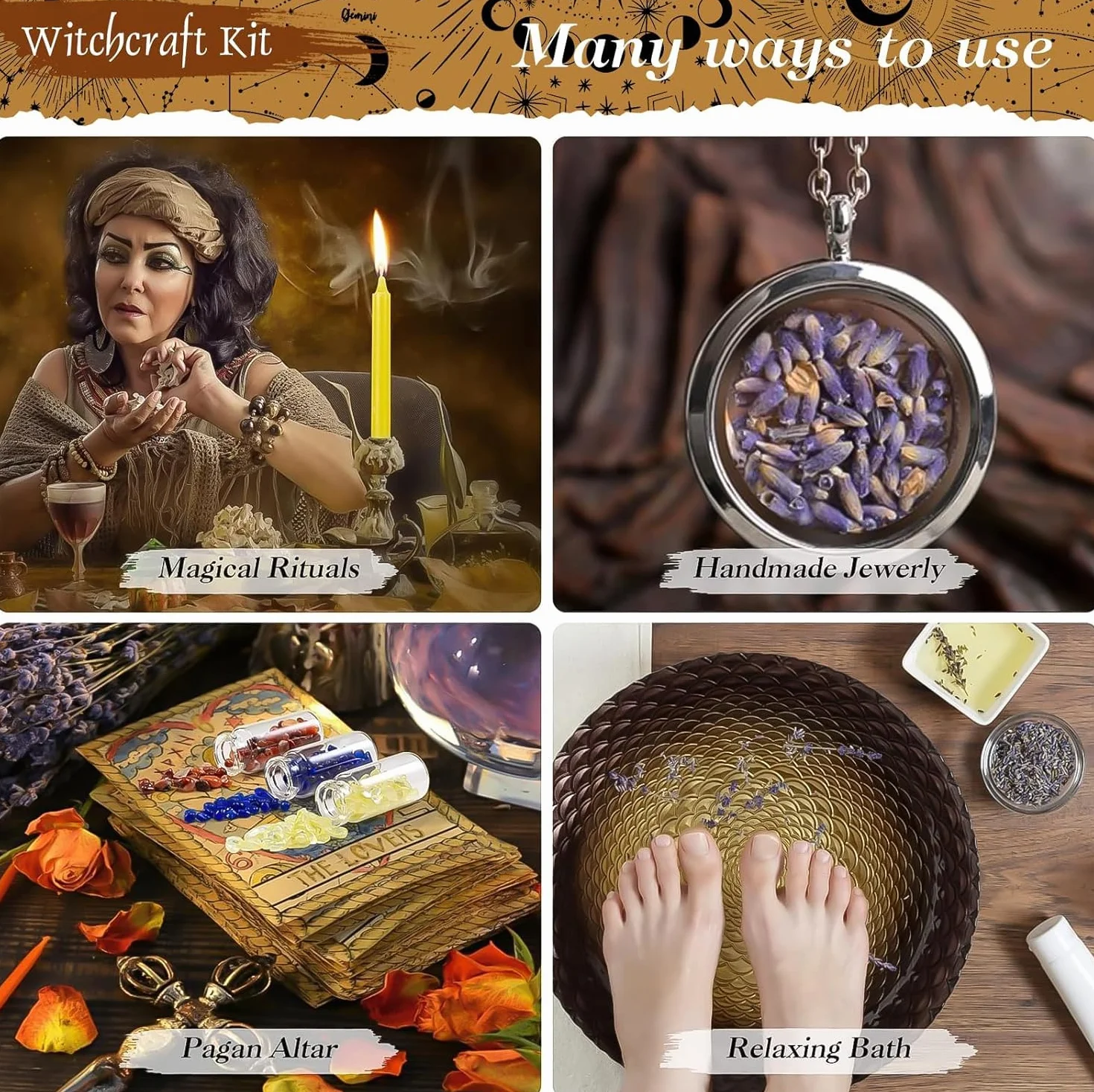 Zestaw startowy Czary akcesoria czarownic świece suszone kwiaty dzwonki wietrzne kryształy pergamin dekoracja magiczne