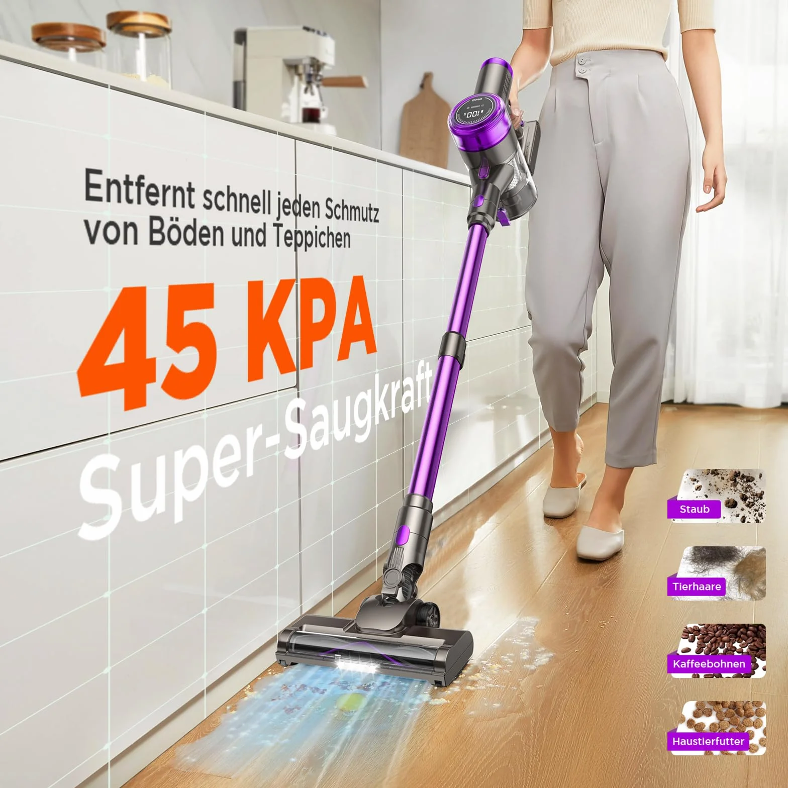 Odkurzacz bezprzewodowy 45000 Pa 550 W 65 min LED szczotka antysplątanie do sierści