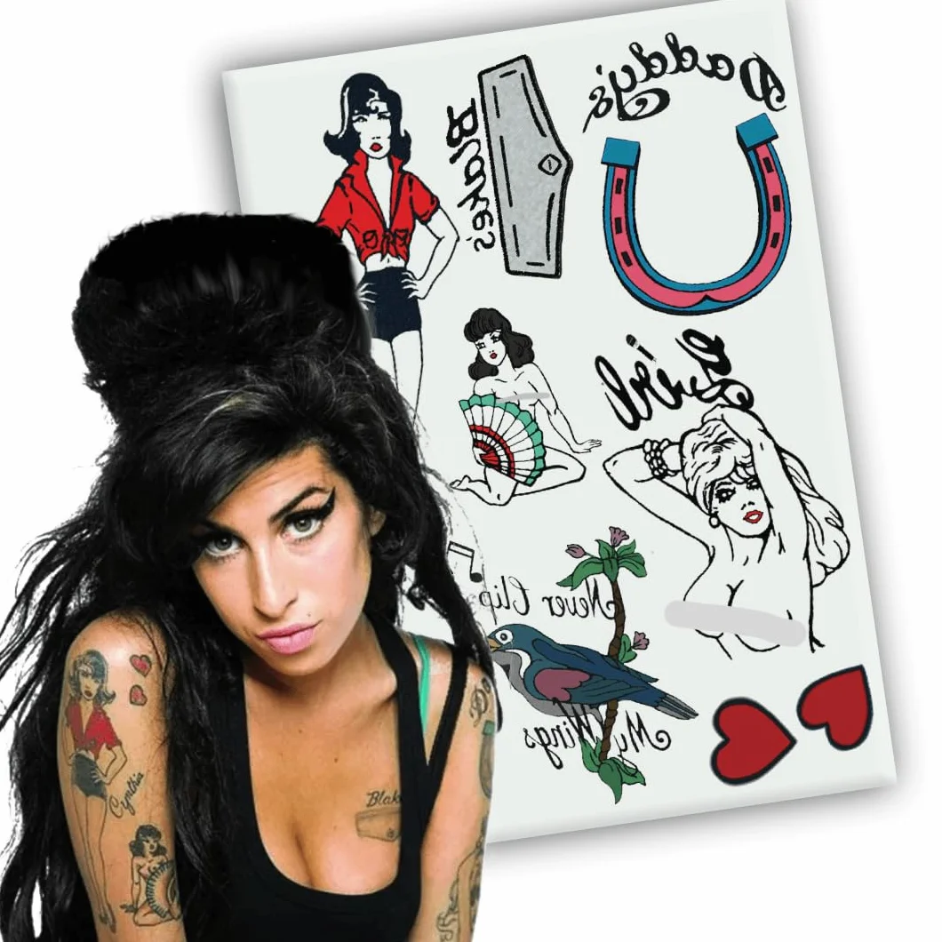 Zestaw tymczasowych tatuaży Amy Winehouse - Kostium - Karnawał - Halloween - Cosplay