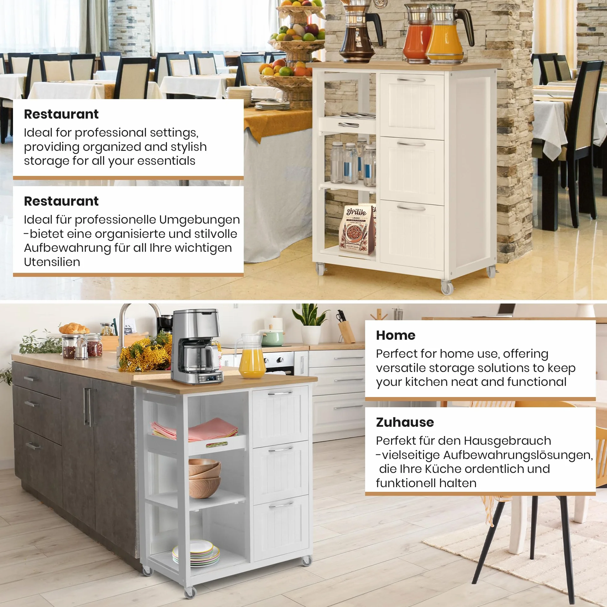 MIADOMODO® Wózek kuchenny z 3 szufladami, blat roboczy, drewno/MDF, biały 67x37x87 cm