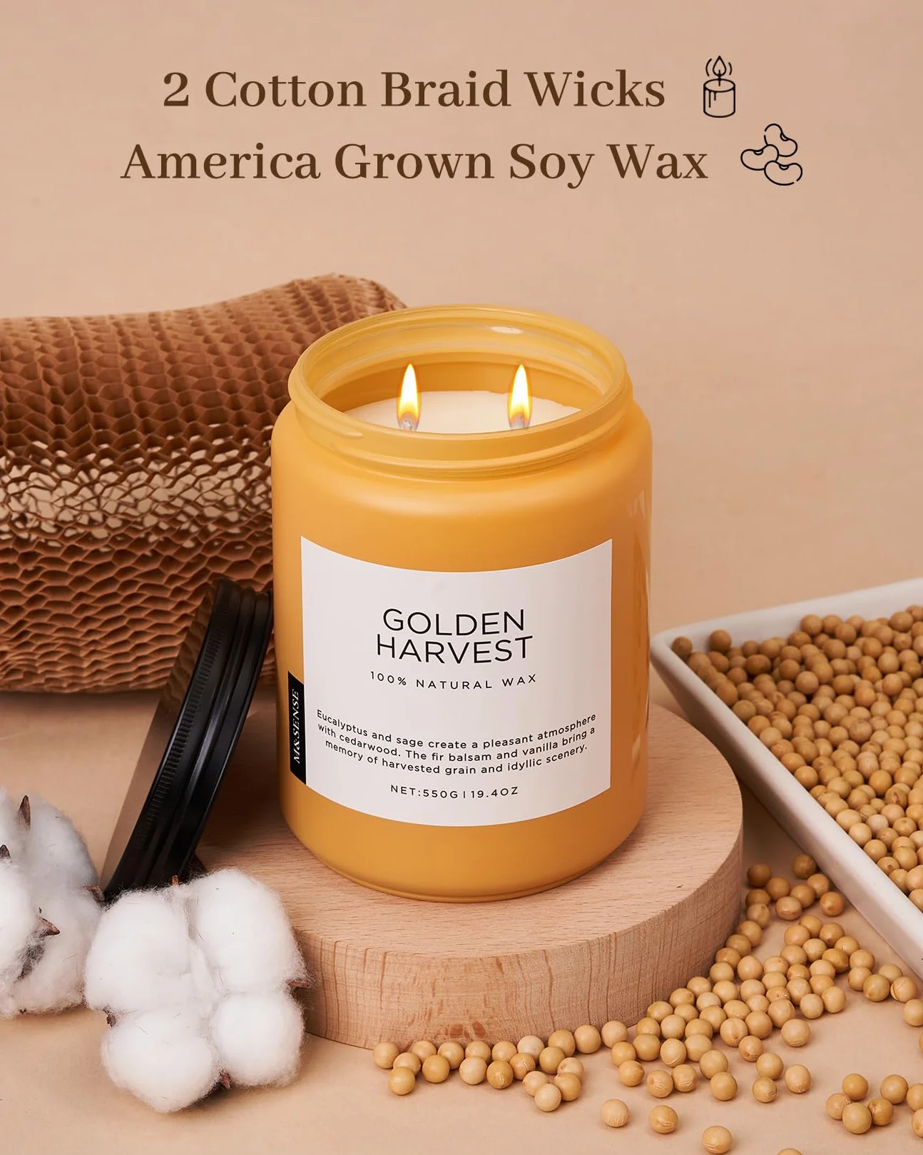 M&SENSE Złote zbiory Świece sojowe w szkle 2 knoty 550g 110h Eukaliptus & Balsamtuja prezent