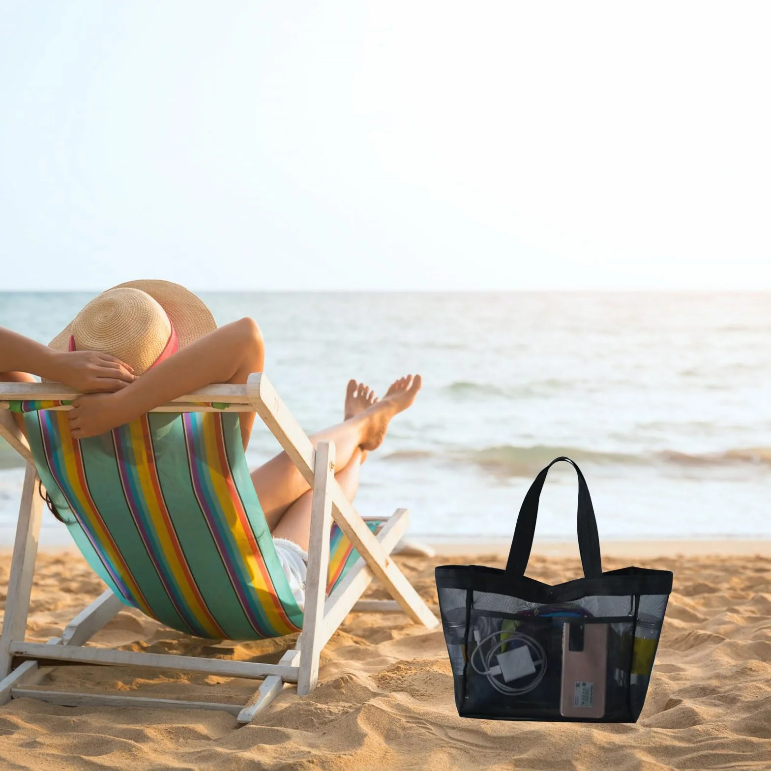Helweet Torba plażowa z siatki, torba plażowa dla kobiet, torba rodzinna plaża, odpowiednia na plażę, basen, siłownię, podróż, piknik, jogę, dużo miejsca na butelkę, okulary przeciwsłoneczne, 29 x 14