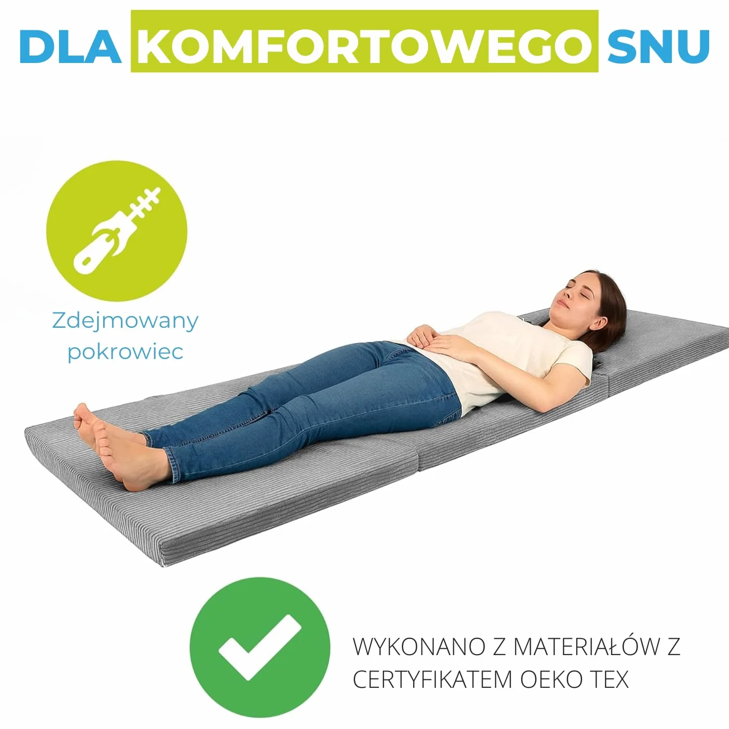 Składany materac 195x120x15 cm z uchwytami i zdejmowanym pokrowcem | Materac gościnny i turystyczny | Oeko-TEX | Składana mata do spania dla dzieci, gości, do podróży | Jasnoszary