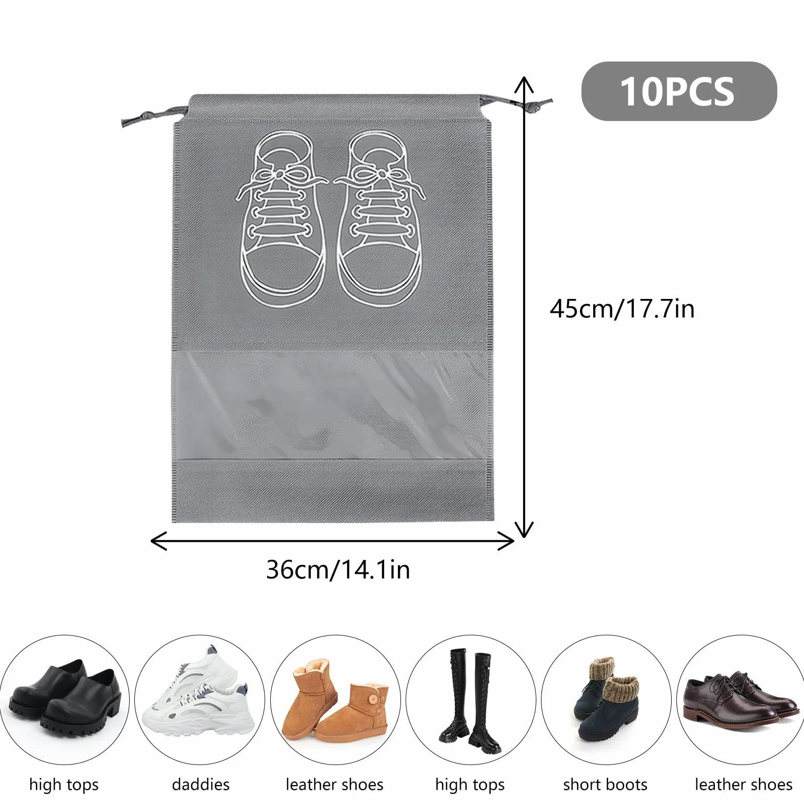 10 sztuk worków na buty, podróżne, duże torby na buty z przezroczystym okienkiem, nietkane, pyłoszczelne, ze sznurkiem ściągającym, do użytku w podróży i do codziennego użytku, akcesoria