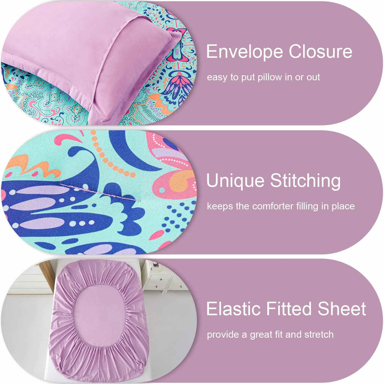 Boho Aqua Lilac Damask Medalion Zestaw kołder King Size 7-częściowy pościel z prześcieradłami