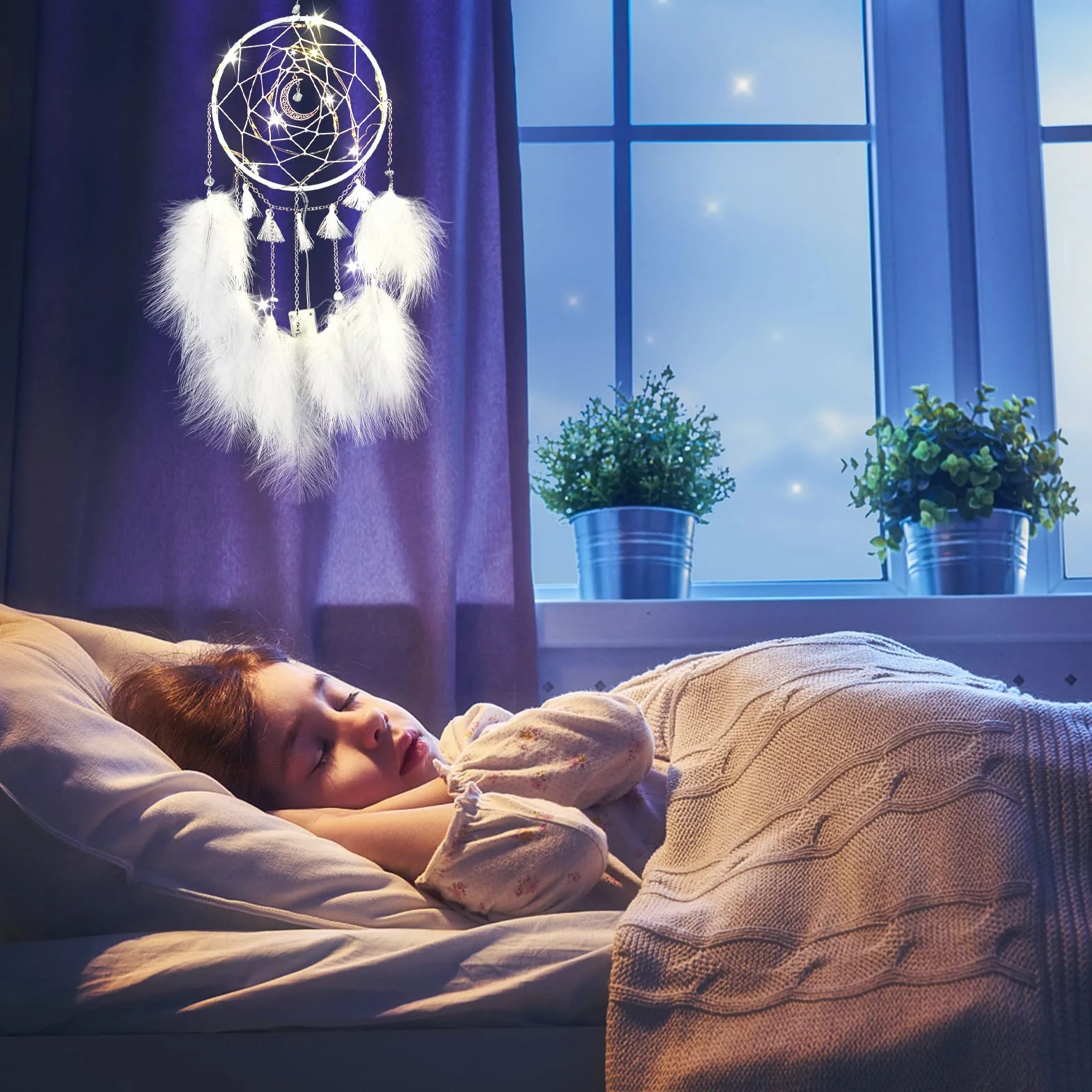 Nice Dream Białe łapacze snów LED ręcznie robiona dekoracja ścienna dla dzieci