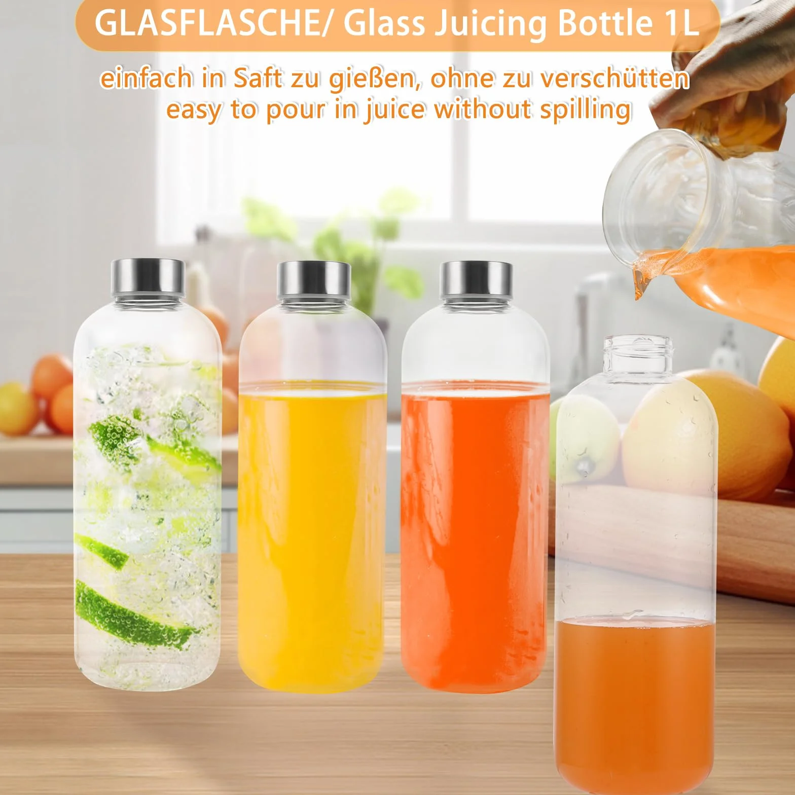 Zestaw 2 szklanych butelek o pojemności 1 l, szklana butelka na napoje o pojemności 1 l, ze szkła borokrzemowego – z pokrowcem neoprenowym 1000 ml / 35 oz, nadaje się do mycia w zmywarce
