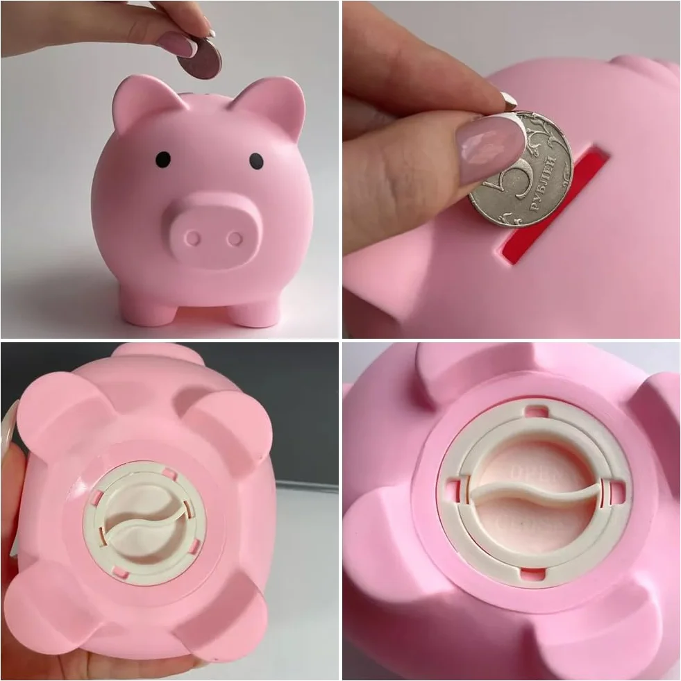 Różowa plastikowa skarbonka z otwartym otworem na monety 13 x 10 cm
