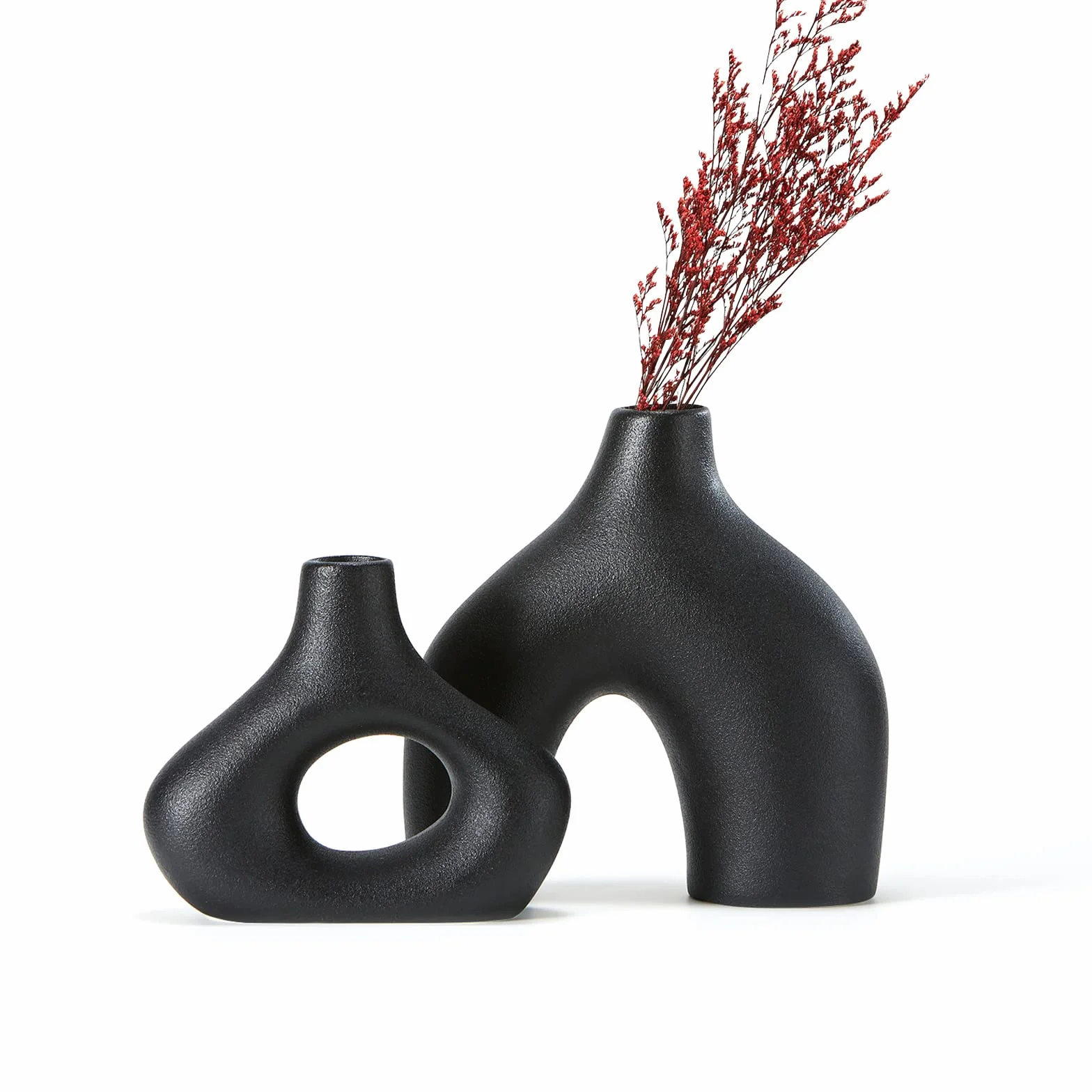 CEMABT Czarny Wazon Ceramiczny, 2-Częściowy Zestaw Podwójnych Wazonów do Nowoczesnego Stylu Boho i Nordyckiego Minimalizmu, Salonu, Wesela, Kolacji, Imprezy, Biura i Sypialni