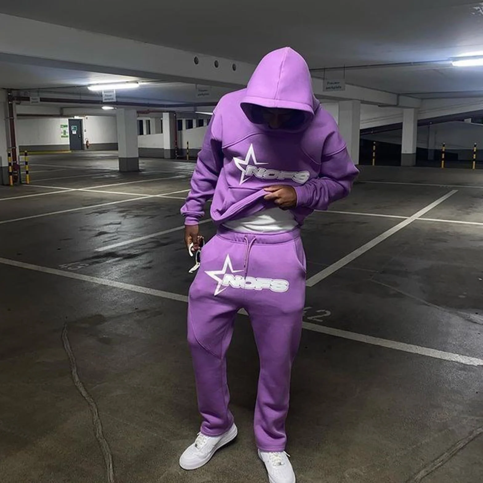 NOFS Męski dres do joggingu, Y2K, bawełna, 2 sztuki, bluza sportowa, bluza z kapturem Y2K + spodnie Nofs, męski dres sportowy, strój streetwear 2024, S