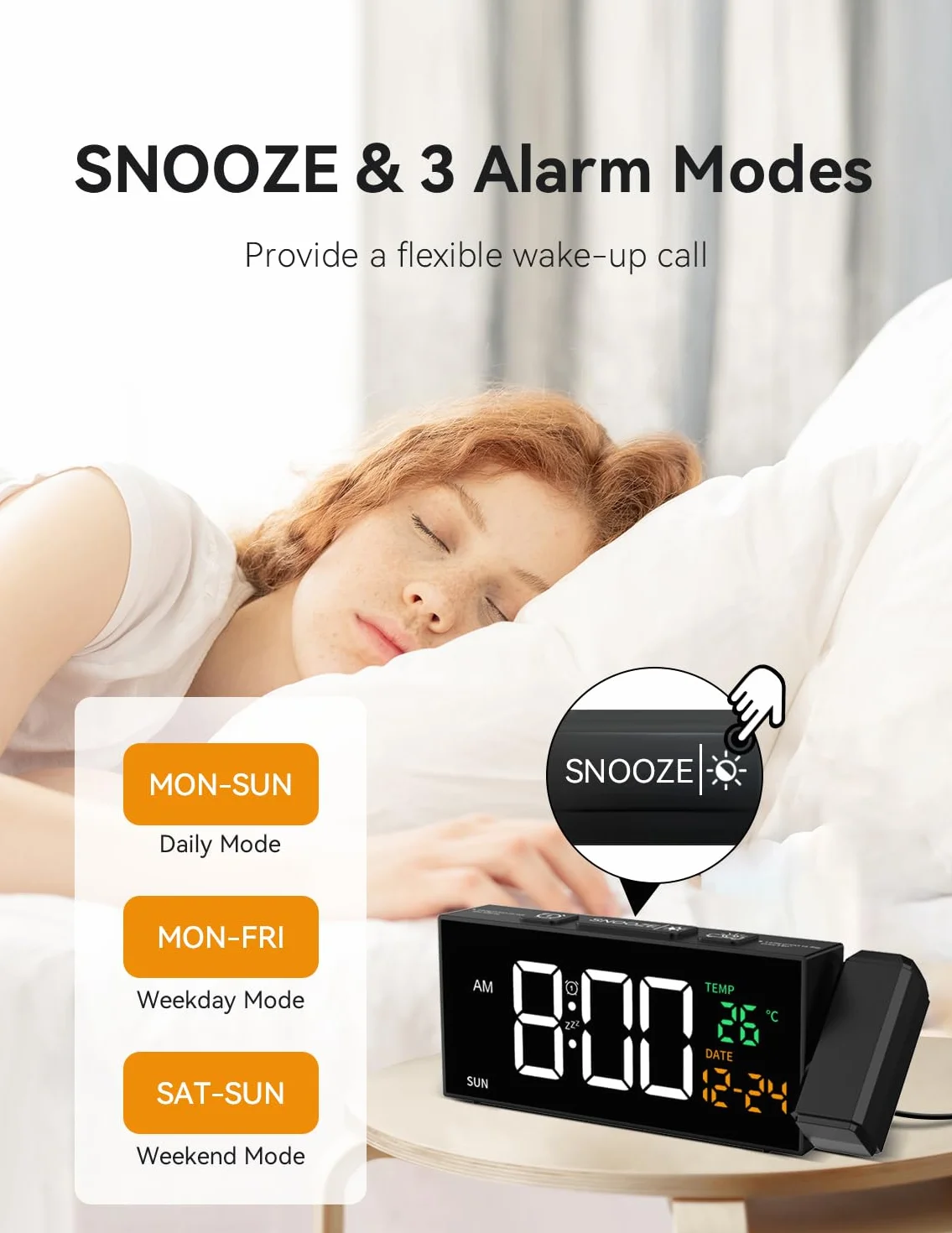 Budziki projekcyjne przy łóżku, głośny budzik z projektorem obrotowym o 350°, temperatura, data, 10 alarmów, 4 głośności, 5 ściemniaczy, ładowarka USB, budzik projektora do sypialni salonu