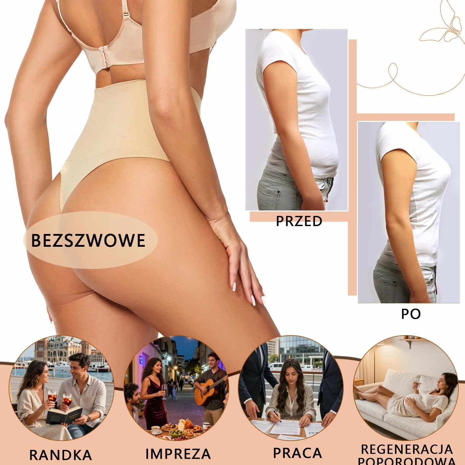 Damskie Stringi Modelujące Wysoka Talia – Bezszwowe Majtki Wyszczuplające Brzuch i Kontrola Podbrzusza, Niewidoczne pod sukienkę, Oddychająca Bielizna Damska na Co Dzień 85% Poliamid, 15% Elastan