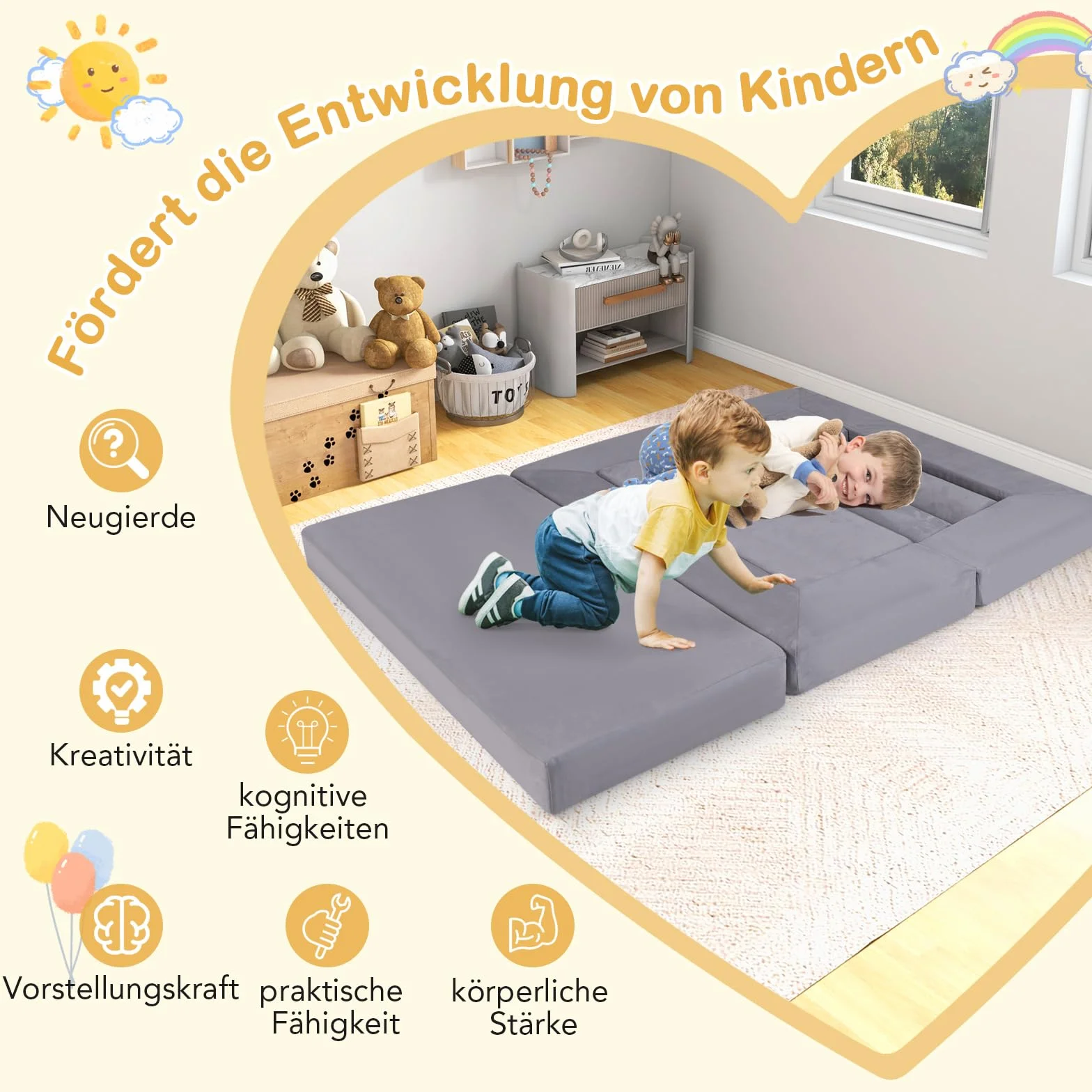 COSTWAY Modułowa sofa dziecięca 9-częściowa z pianki zamszowa szara