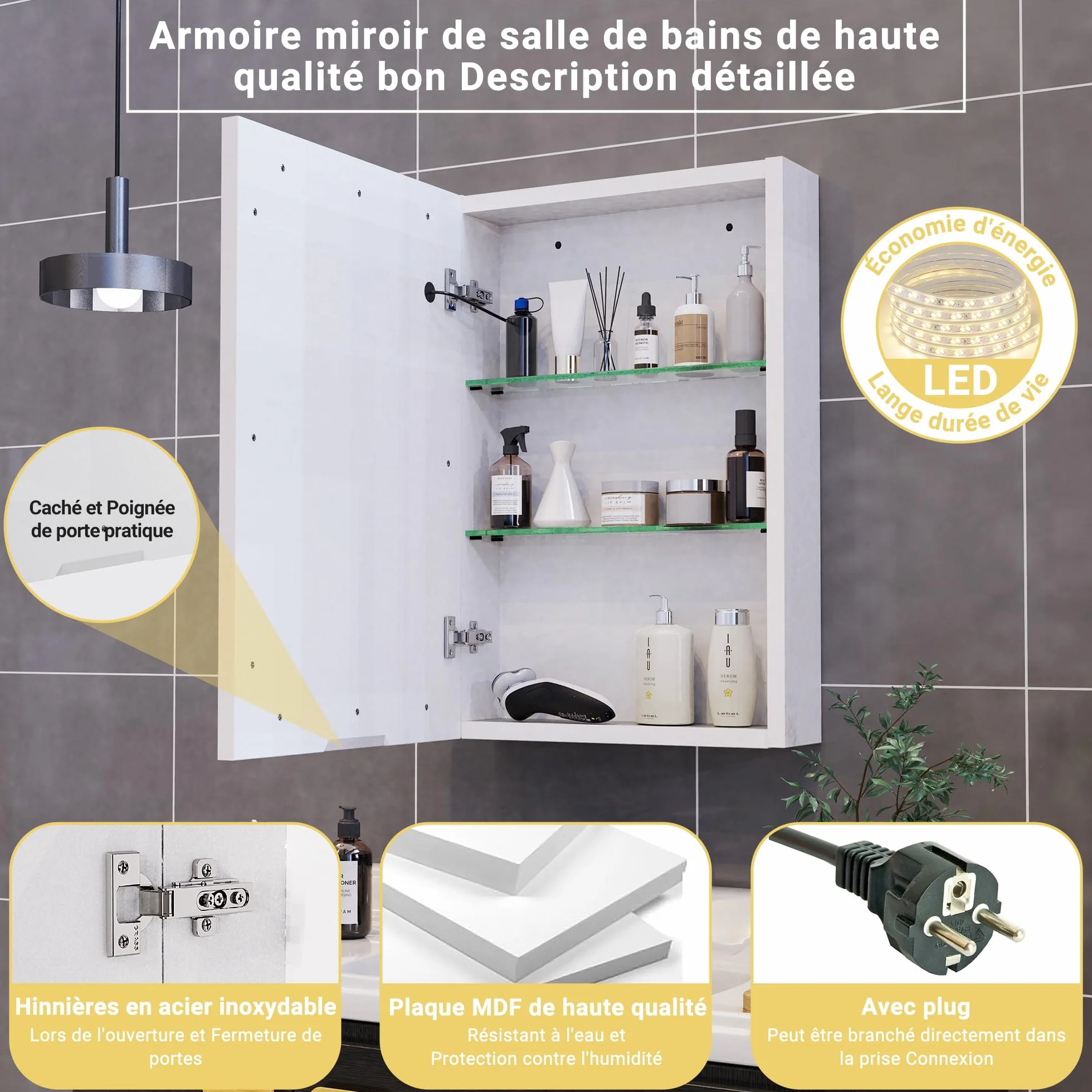 Szafka łazienkowa z lustrem LED podwójna 50x15x70 cm biała