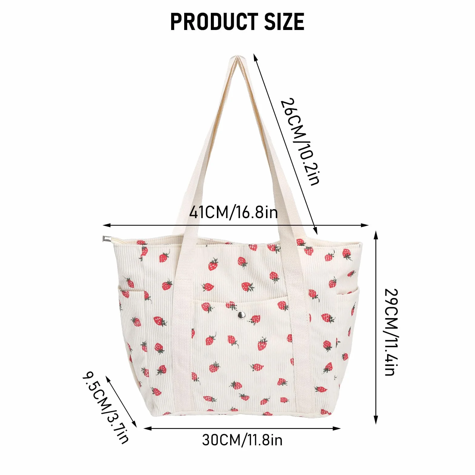 Torba ze sztruksu damska z wzorem truskawkowym, słodkie torby z truskawkami, torba na ramię, tote bag damska z materiału na co dzień i zakupy, duża torba shopper ze sztruksu na czas wolny i