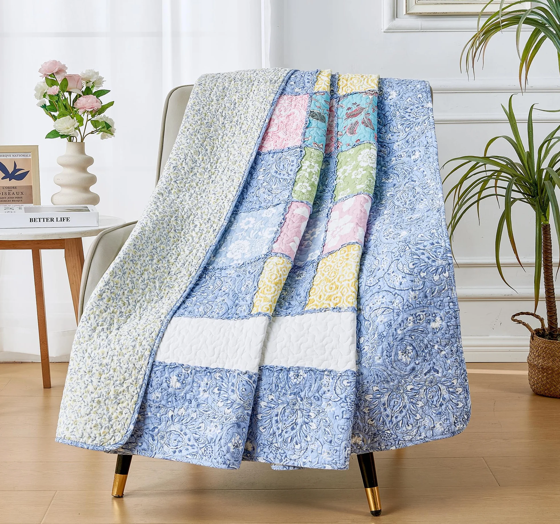 Cozyholy Oryginalna 100% Bawełniana Patchworkowa Kołdra Podwójna Niebieska Paisley Kwiatowa Narzuta Dwustronna Vintage Shabby Chic Pikowana na Kanapę Sofę