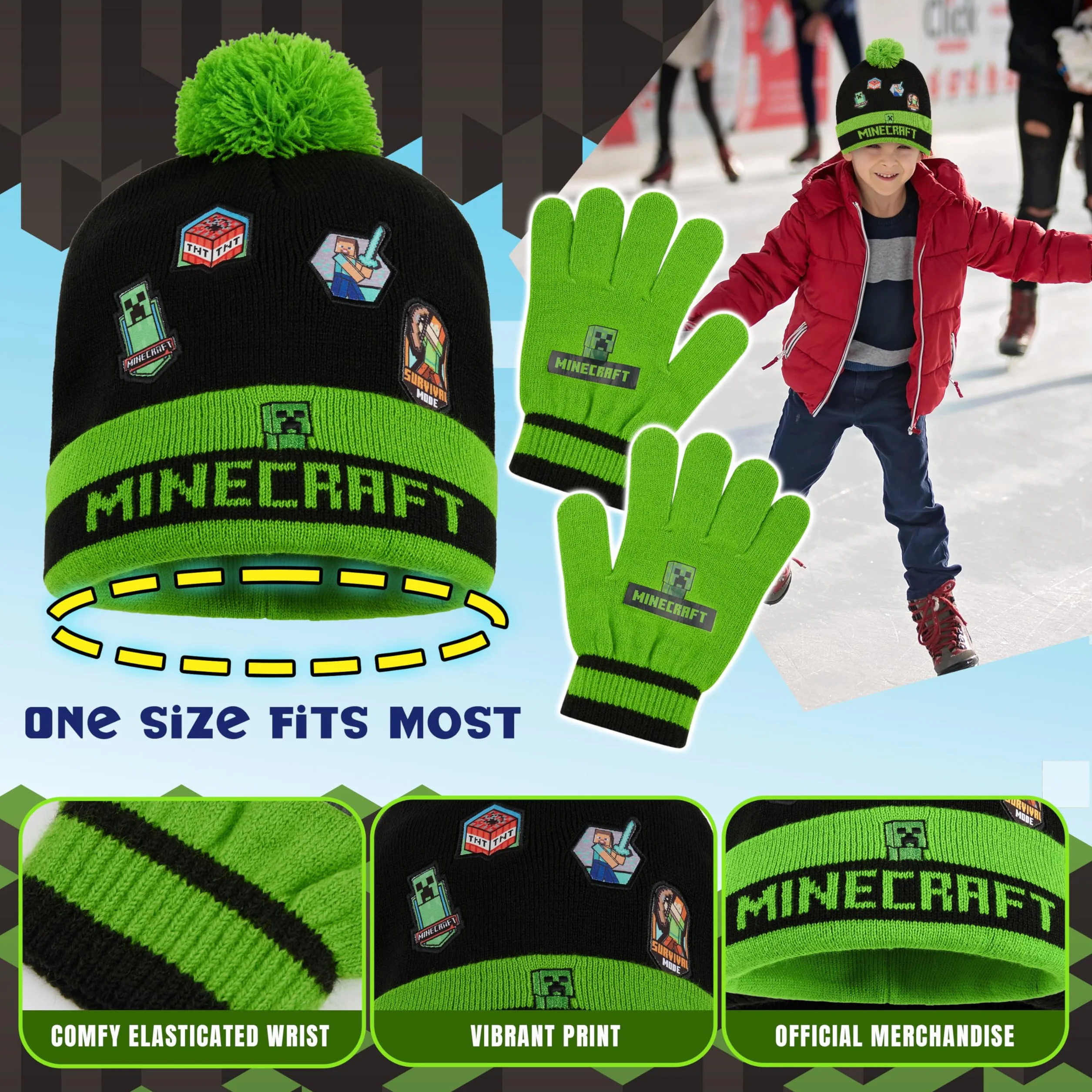 Minecraft Czapka beanie, szalik i rękawiczki, zestaw dla chłopców i dziewcząt