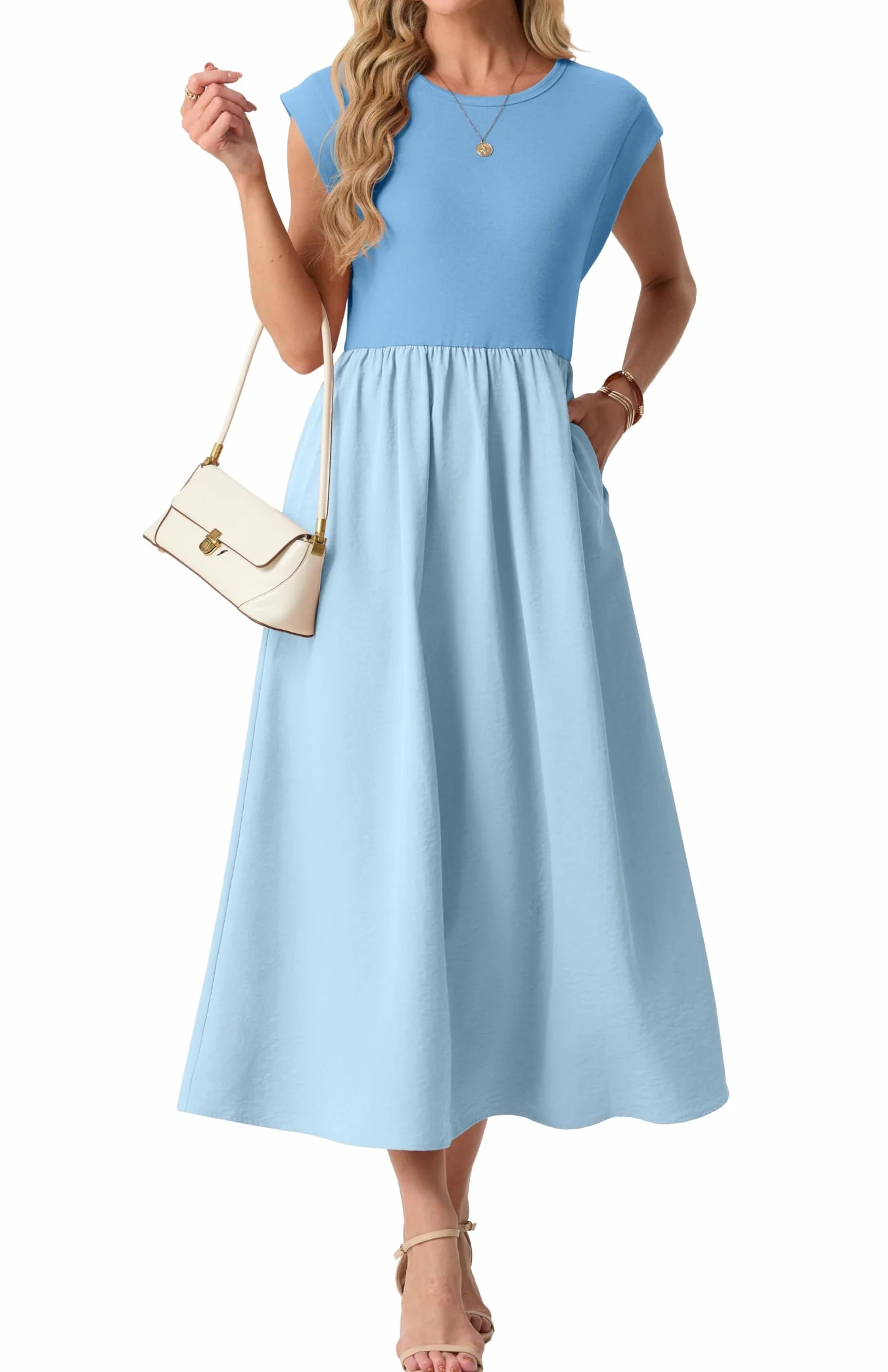 GRECERELLE Letnie sukienki dla kobiet UK Cap Sleeve damskie sukienki maxi elegancka sukienka midi o linii A Casual długie sukienki z kieszeniami na święta i do noszenia na co dzień