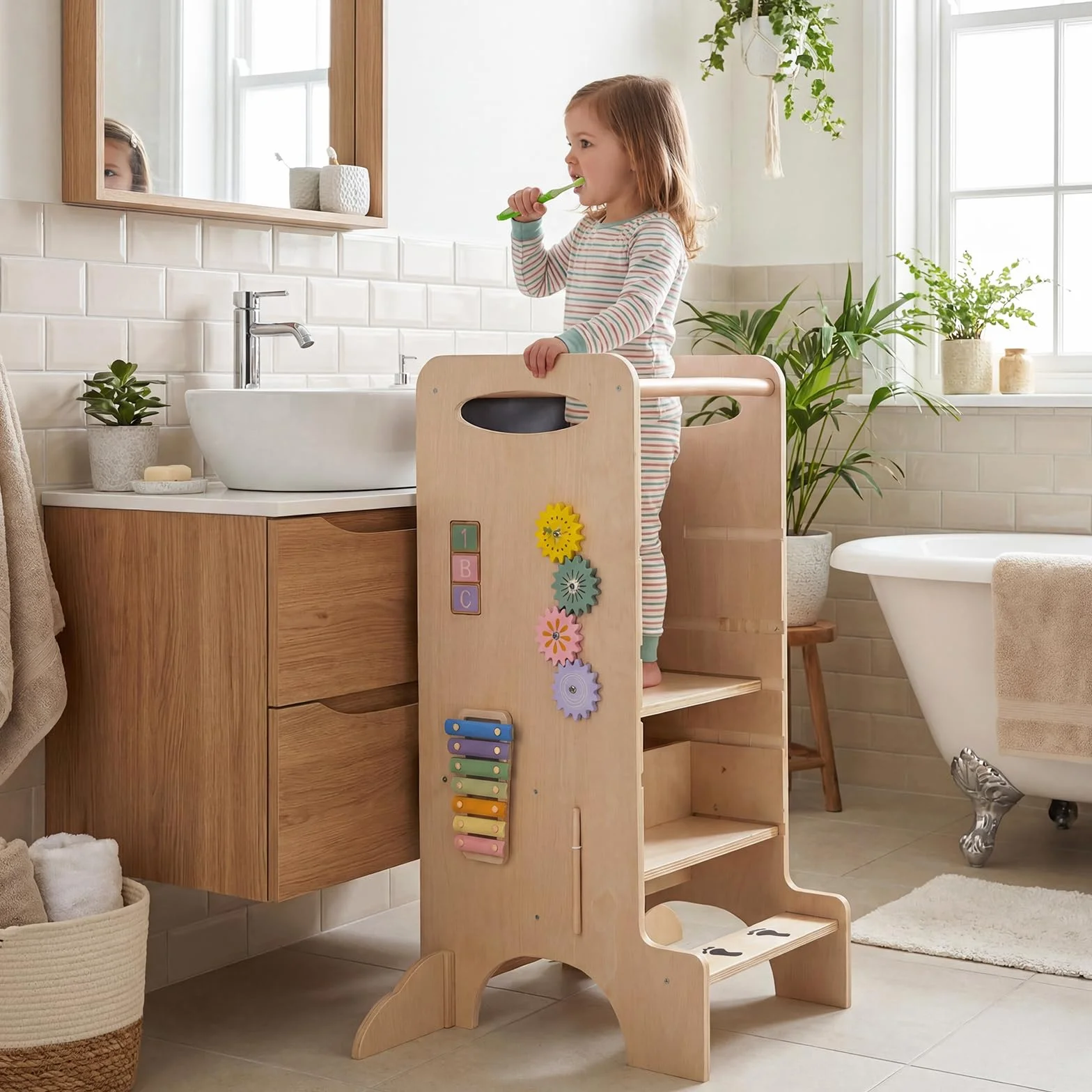 COSTWAY Wieża edukacyjna 4 w 1 z drewna bukowego, taboret Montessori z regulowaną wysokością