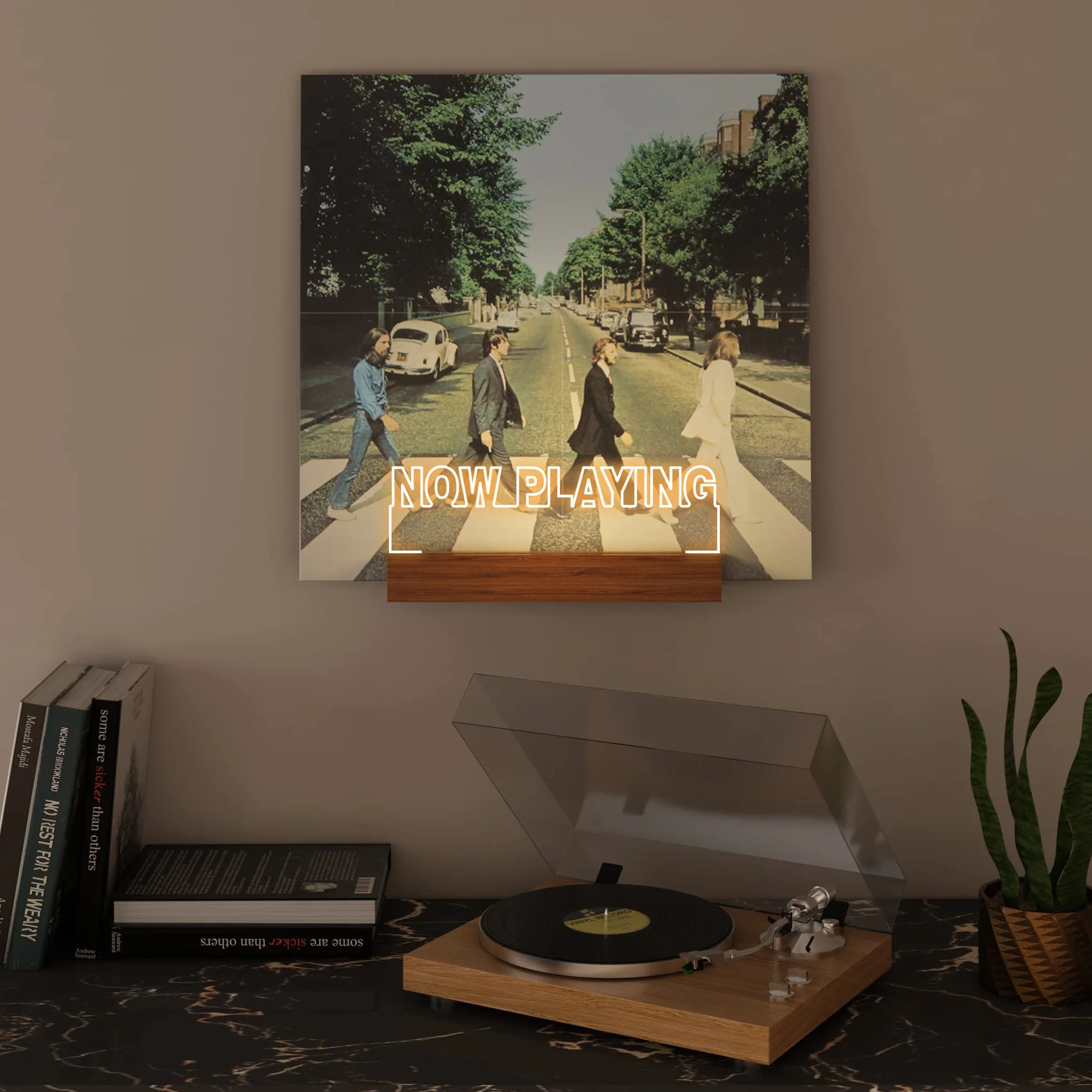 Vinyl Record Stojak ścienny drewniany akrylowy uchwyt do przechowywania z ciepłym białym światłem