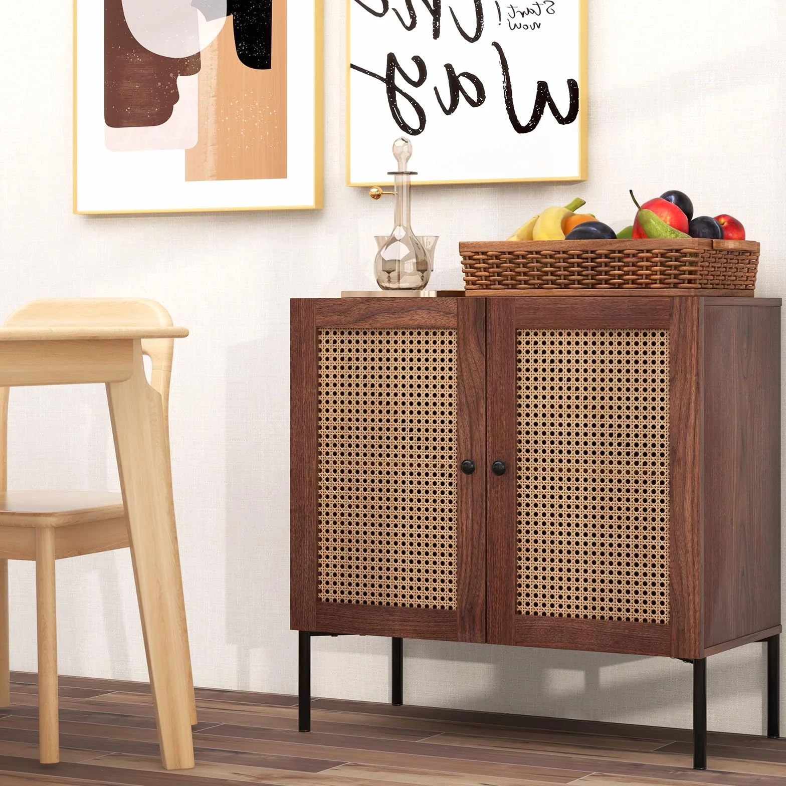 COSTWAY Kredens z 2 drzwiami rattanowymi, szafka kuchenna z drewna, 80 x 40 x 80 cm, orzech
