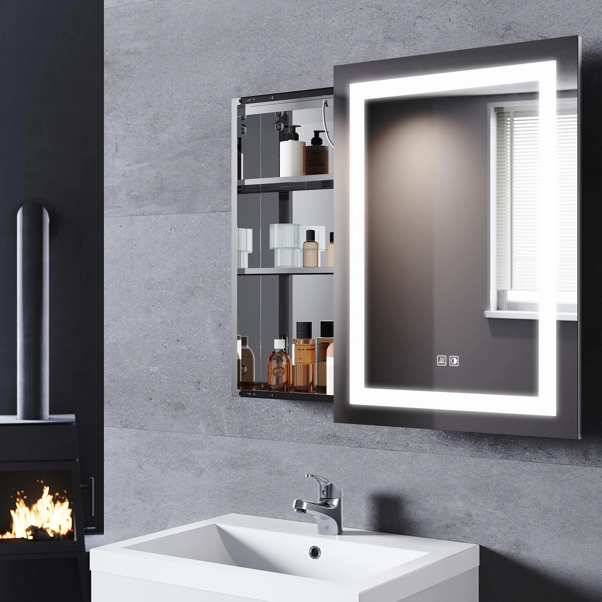 SONNI Łazienkowa szafka z lustrem LED 70x50 cm 3 kolorowe światło ściemniania gniazdko elektryczne defogging drzwi przesuwne stal nierdzewna