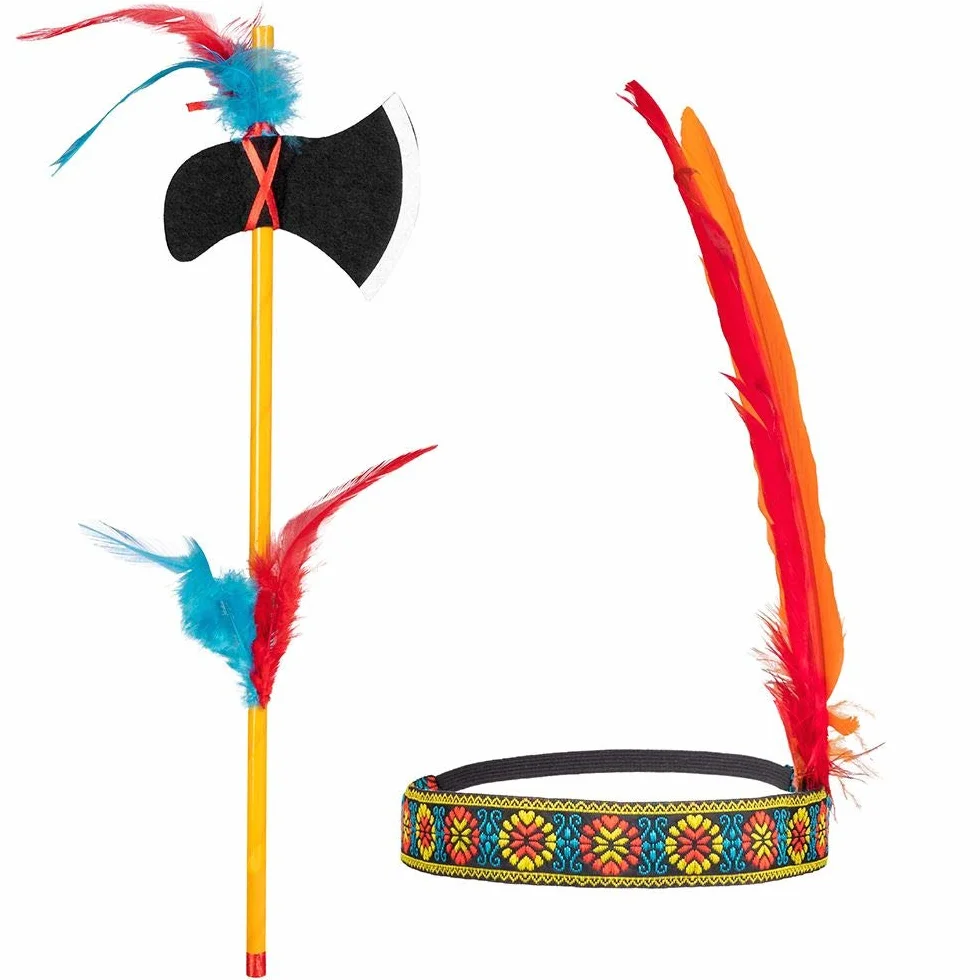 Boland 44093 - Zestaw indiaDski, opaska i topór, dBugo[ 35 cm, tomahawk, wielokolorowy, rozcigliwy, ozdobiony piórami, wódz, dziki zachód, kostium, karnawaB, impreza tematyczna