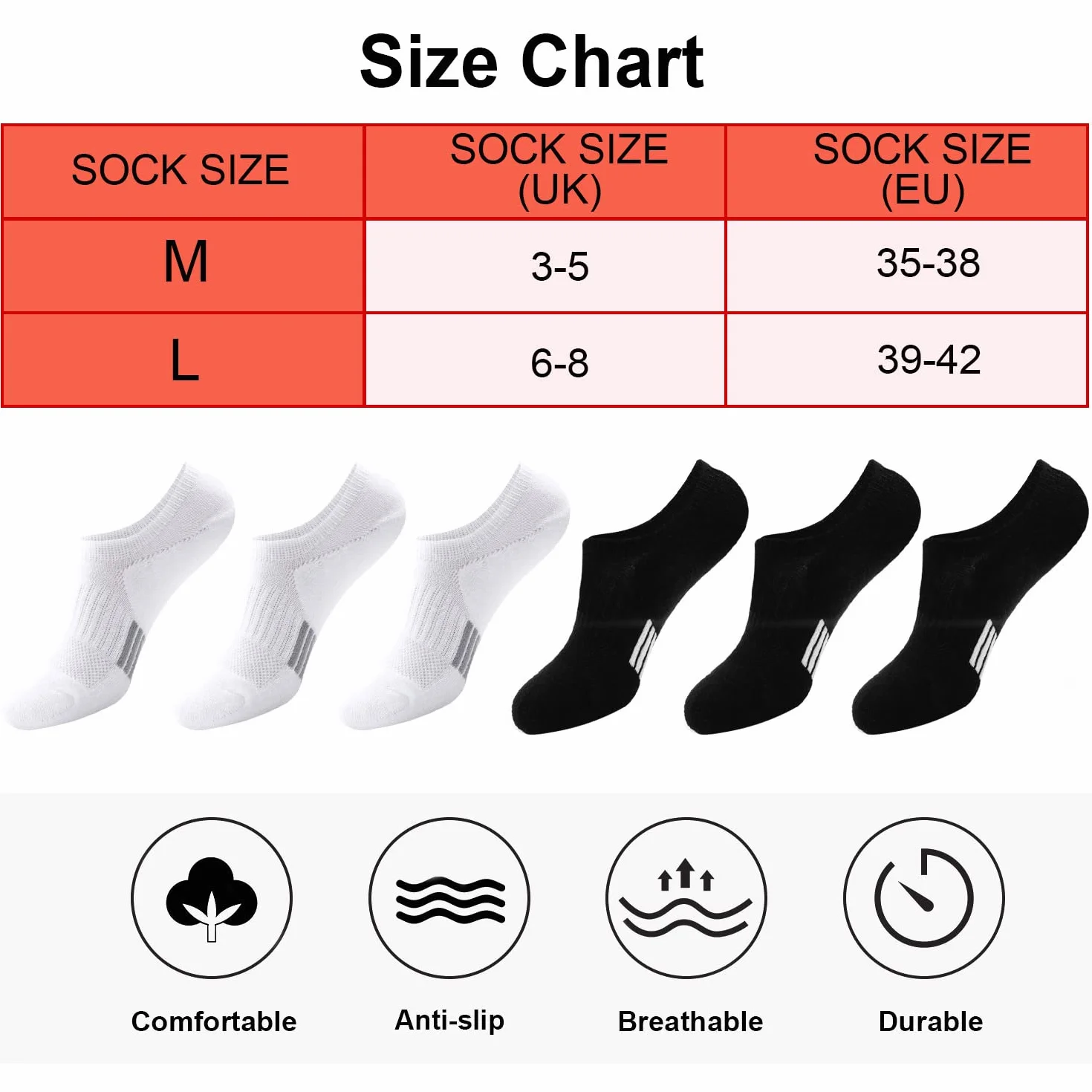 Blu Ninfee skarpeta damskie do sneakersów, rozmiary 39-42, 35-38, wyściełane stopki, skarpeta do sneakersów męskie, 6 par, oddychające skarpety sportowe, antypoślizgowe, z silikonową podkładką, biały, 39-42 EU