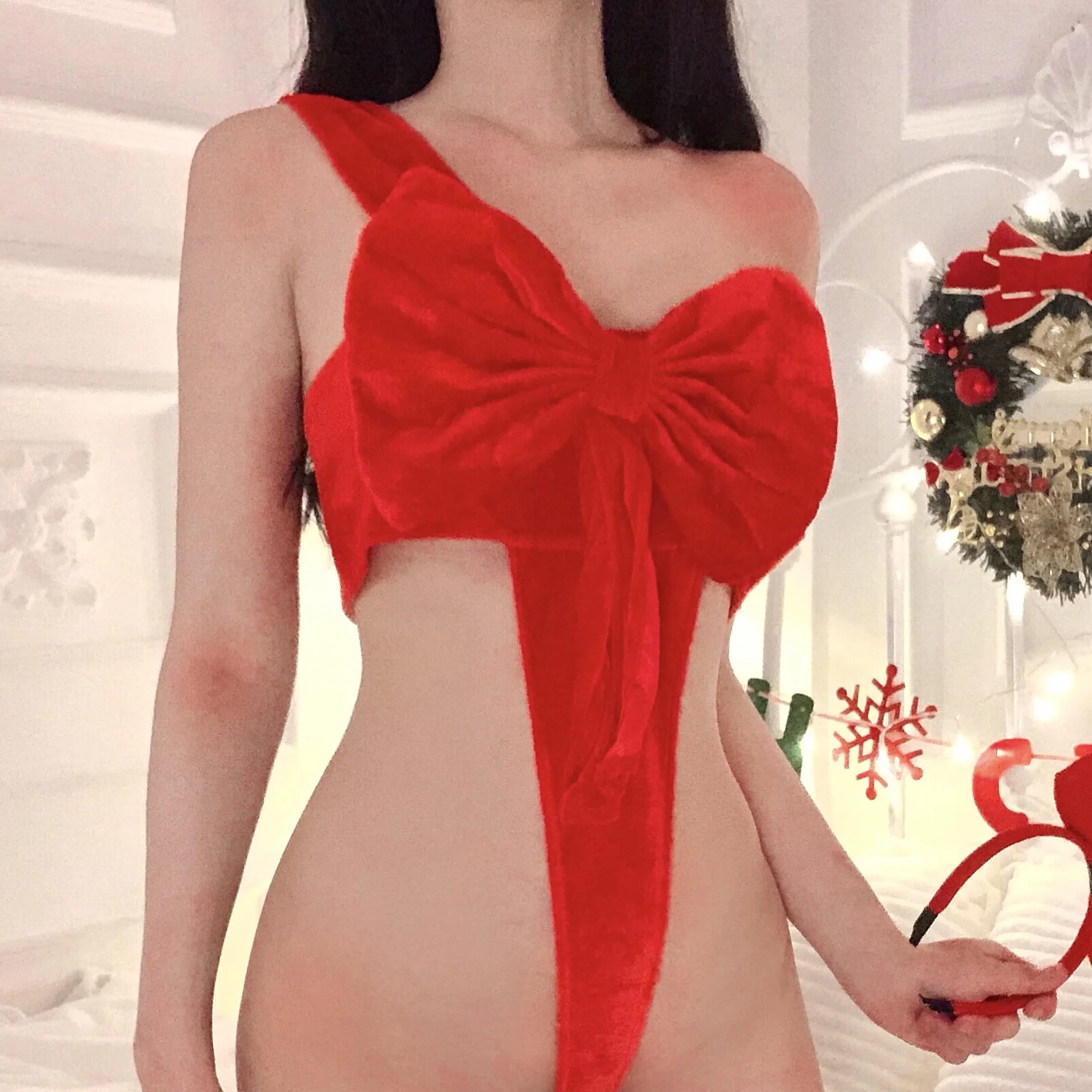 Damska seksowna bielizna z kokardą walentynki czerwona Unwrap Me Teddy Babydoll Boże Narodzenie kostium cosplay aksamitne jednoczęściowe body, Czerwony, S-L
