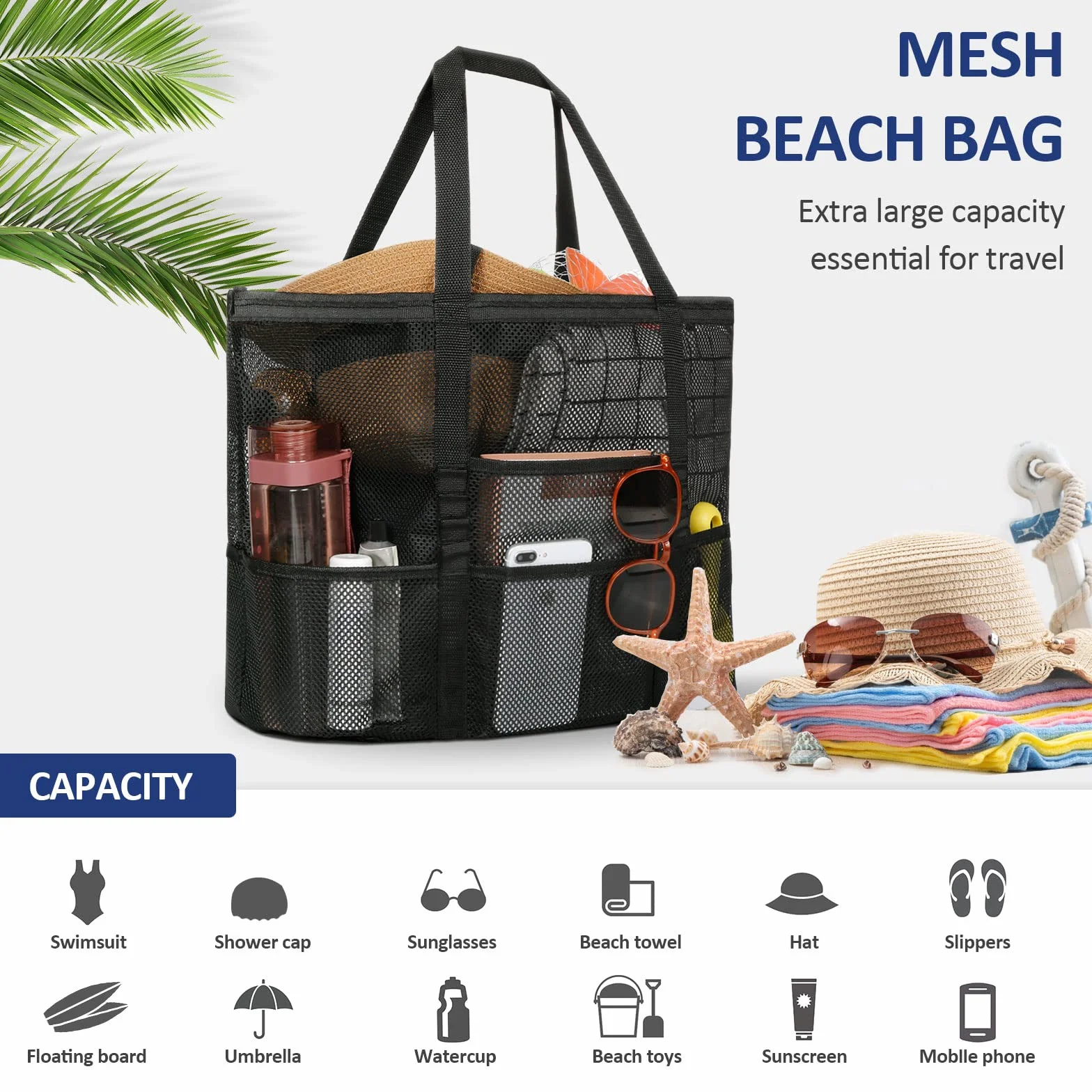 ZWOOS Torba plażowa, duża, siatkowa, na plażę, urlop, podróż, piknik, na plażę, urlop, podróż, piknik, kolor czarny, czarny, 23.6 x 14.9 x 6.7 Zoll