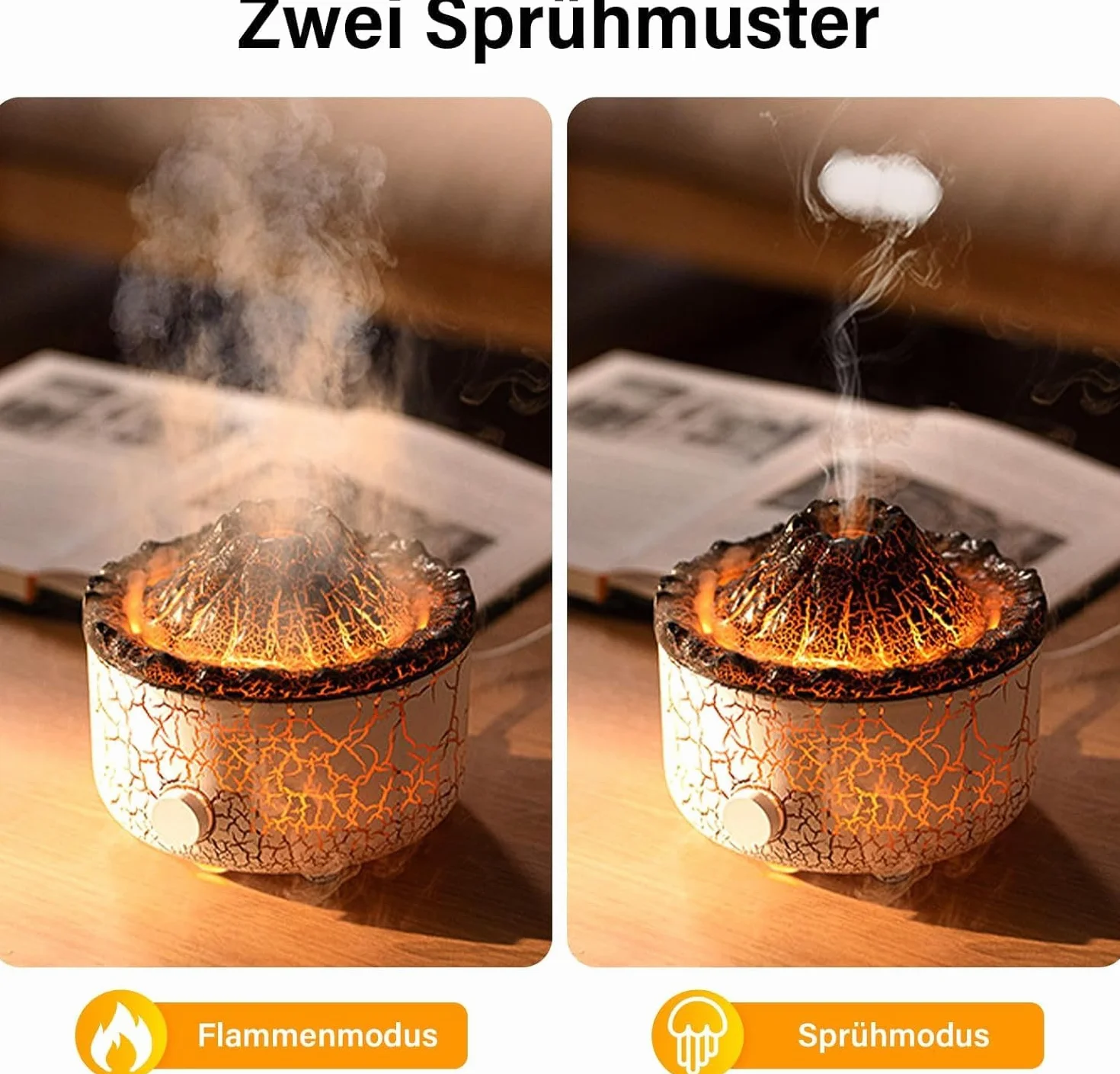 Urządzenie nawilżające z efektem wulkanu, dwa tryby rozpylania, duży zbiornik na wodę o pojemności 560 ml, ochrona przed przerwami w dostawie prądu, kilka trybów oświetlenia, z timer'em