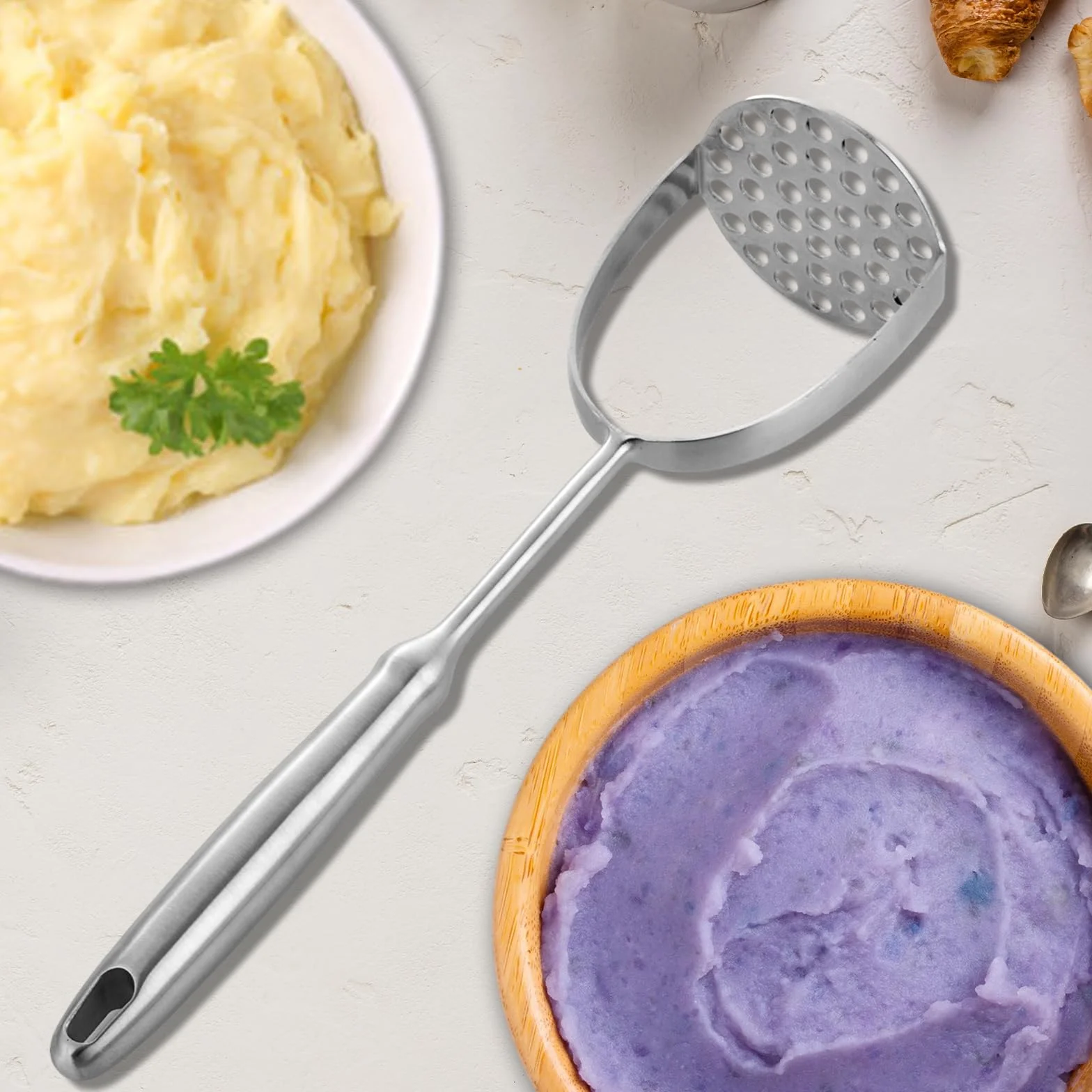 ASelected Tłuczek do ziemniaków, stal nierdzewna, z długim uchwytem, do warzyw, nadaje się do mycia w zmywarce, do tłuczonych ziemniaków, kremowych puree (315 x 80 mm)