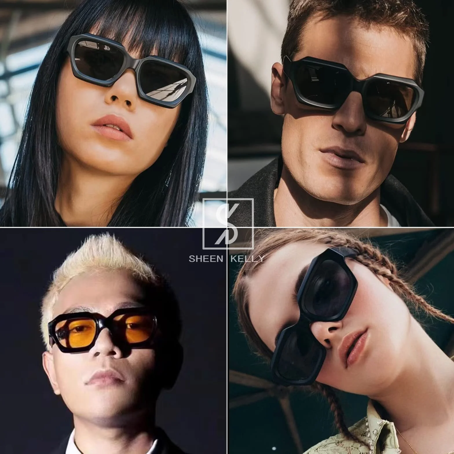 SHEEN KELLY okulary przeciwsłoneczne retro sześciokątne grube czarne lata 90