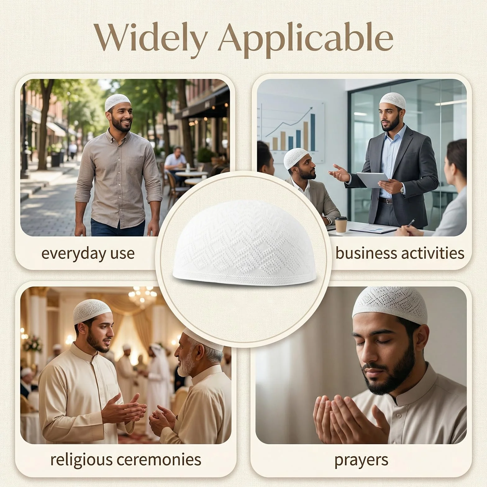 Muzułmańska czapka męska Kufi 3 sztuki bawełna biała obwód głowy 55-59 cm taqiyah Kufi Cap kwadratowy wzór lekka oddychająca