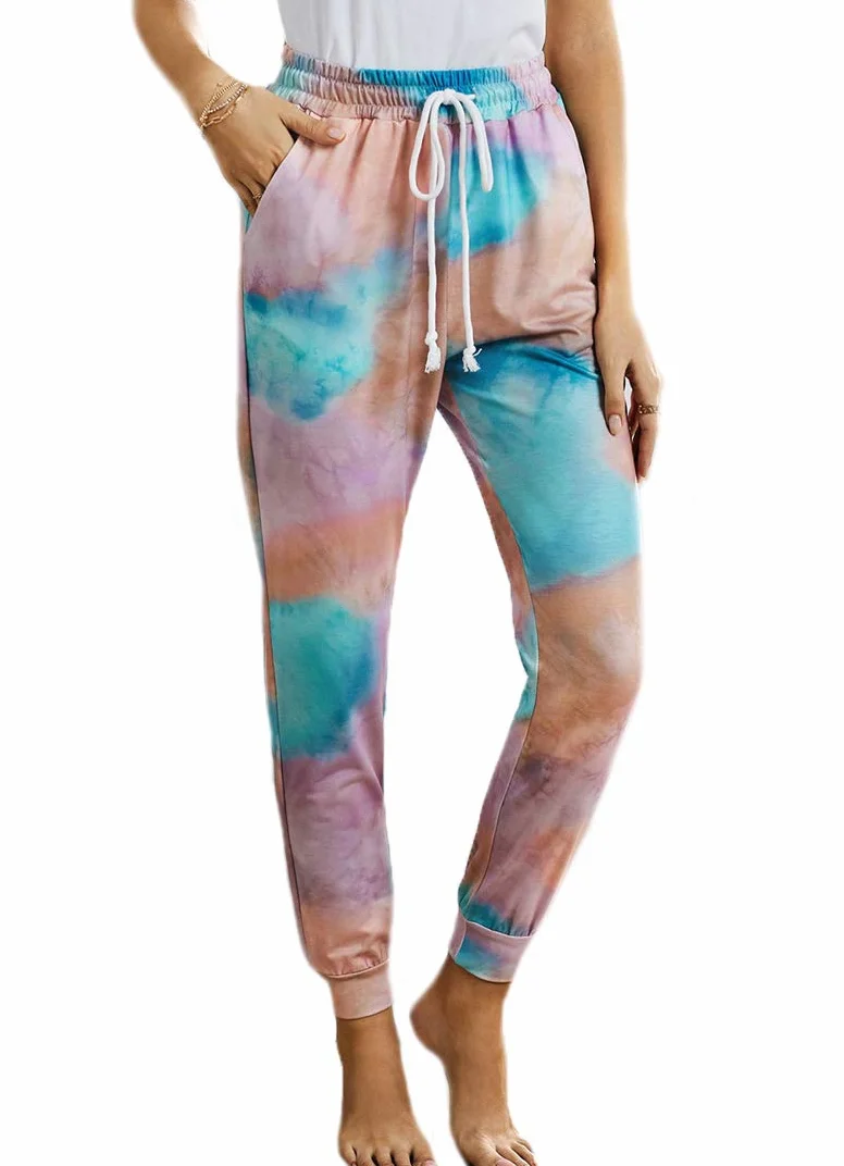 Huixin Spodnie dresowe damskie spodnie sportowe z nadrukiem tie-dye spodnie rekreacyjne sport trening spodnie dresowe z kieszenią na sznurek, Kolor - 5, L