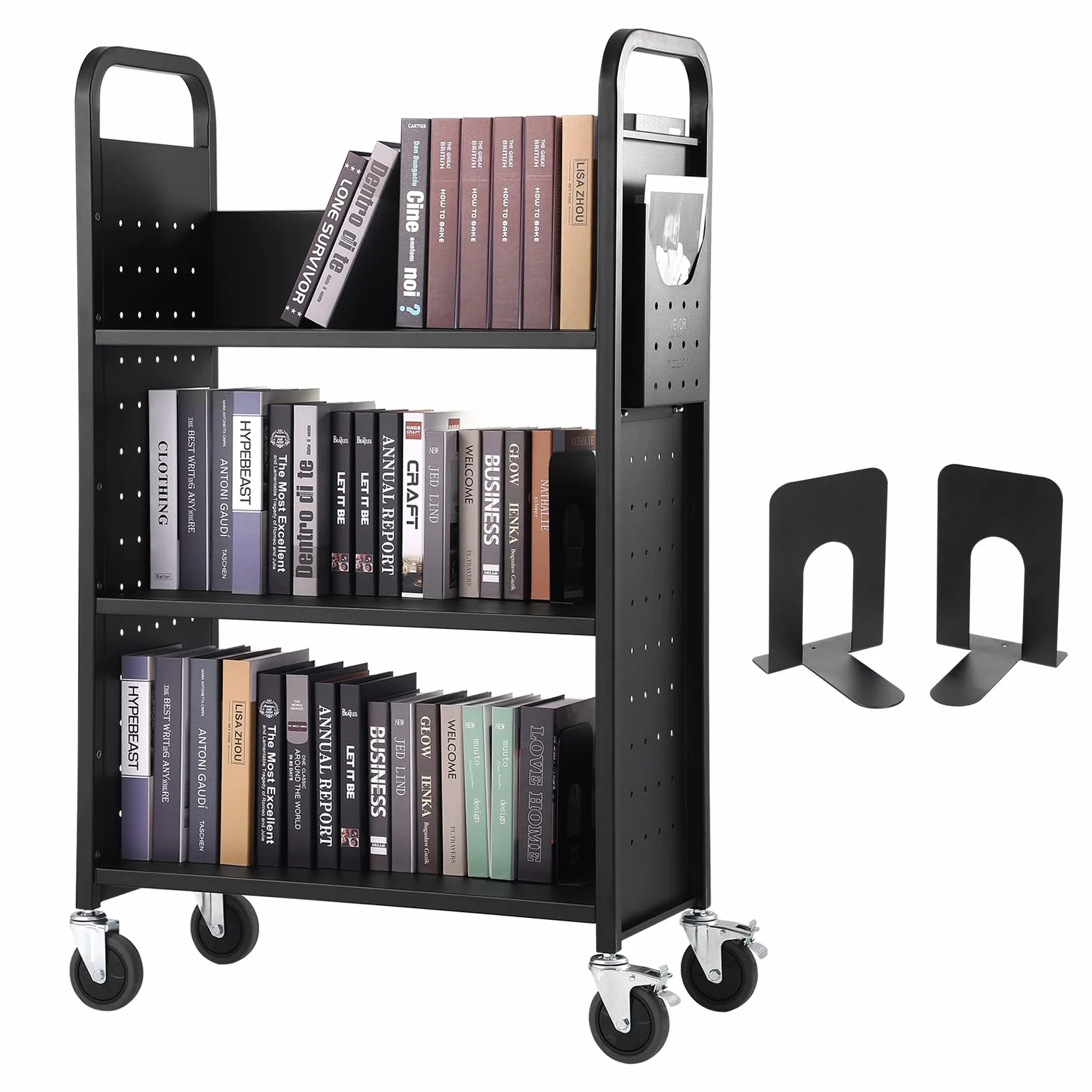 VEVOR Wózek na książki, wózek biblioteczny 150 kg, 79 cm x 38 cm x 125 cm, jednostronne płaskie półki w kształcie litery L z zamykanymi kółkami na półki domowe, do biura i szkoły, w kolorze czarnym