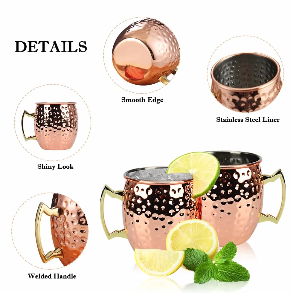 Zestaw 2 miedzianych kubków do Moscow Mule, 2 słomki do picia, 1 jigger, kubki koktajlowe do delektowania się koktajlami, zimnymi napojami, piwem, wódką (500 ml)