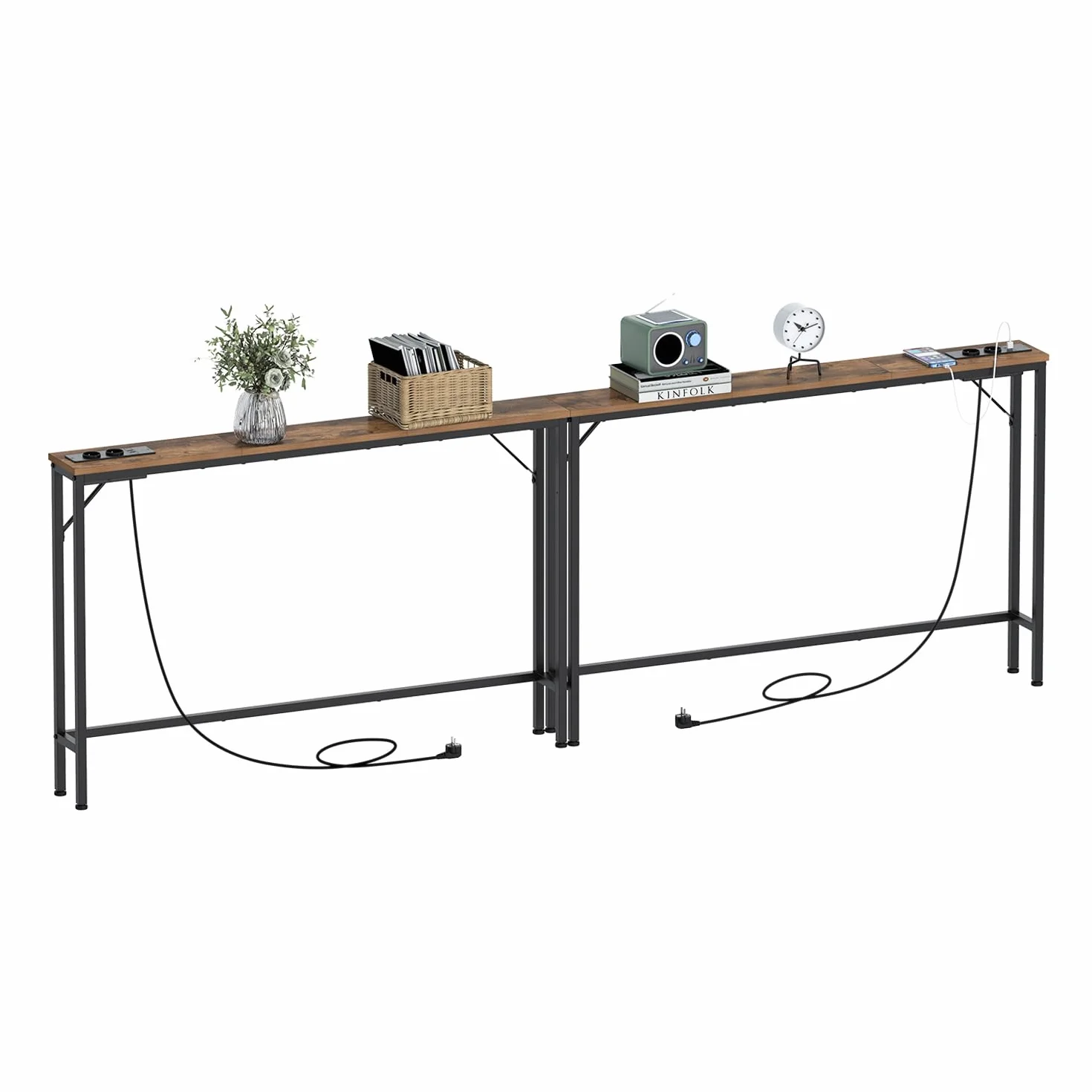 Vedecasa zestaw 2 konsol o szerokości 15 cm z gniazdkiem i portami USB, wąski stolik pomocniczy lub stolik za kanapę, do przedpokoju, salonu, korytarza i biura, ze stabilną stalową konstrukcją