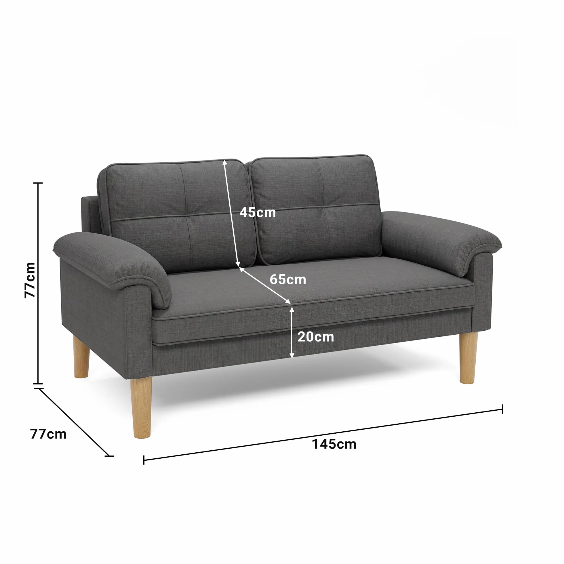 Xbro Sofa 2-osobowa, kanapa z podłokietnikiem i kieszenią boczną, materiał, 144x77x77 cm, ciemnoszara