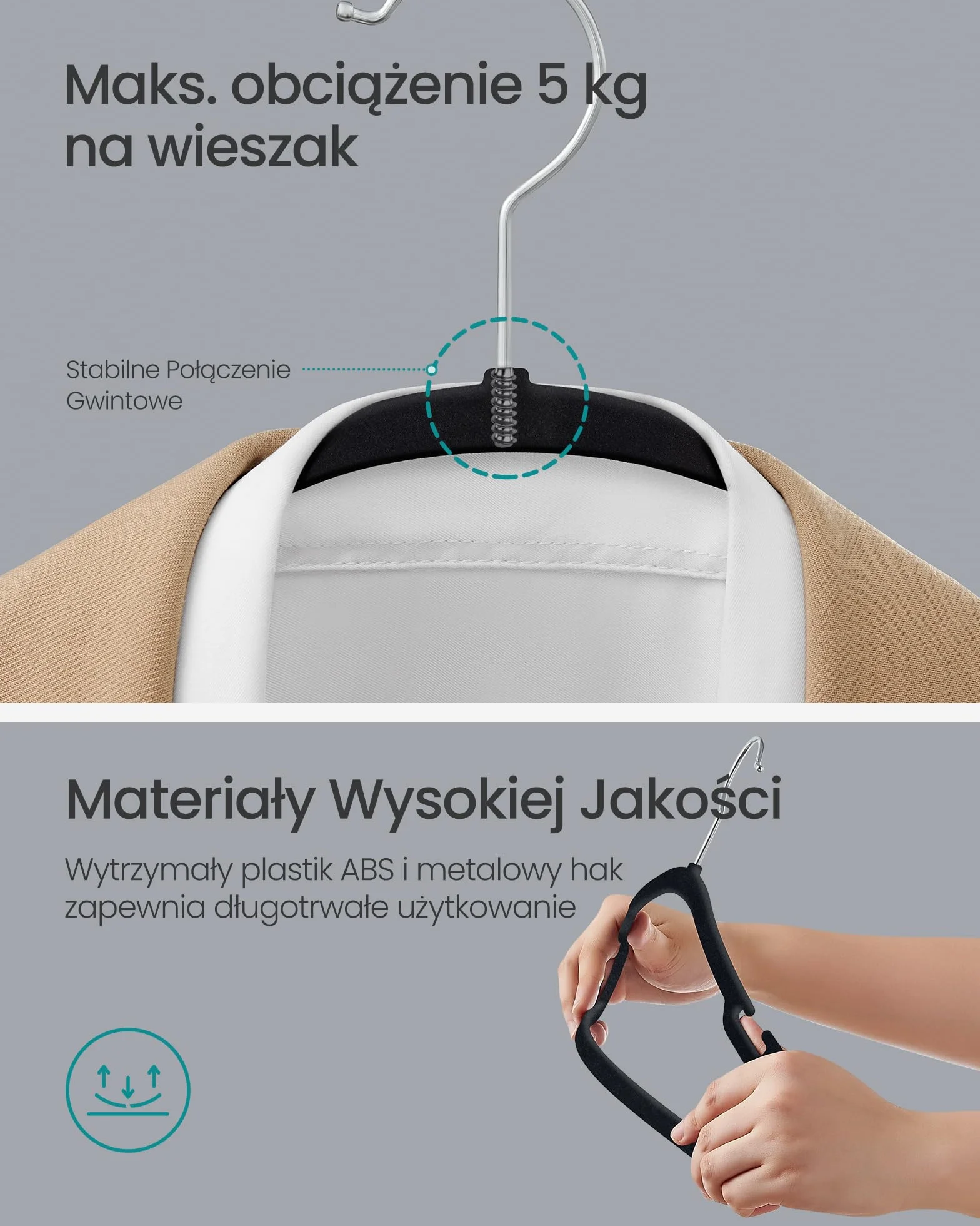 SONGMICS Aksamitne wieszaki na ubrania, zestaw 50 sztuk, 43 x 21 cm, aksamitne wieszaki, antypoślizgowe, szerokie wycięcia na ramionach, obrotowy haczyk 360°, do szafy, atrament czarny CRF039B03